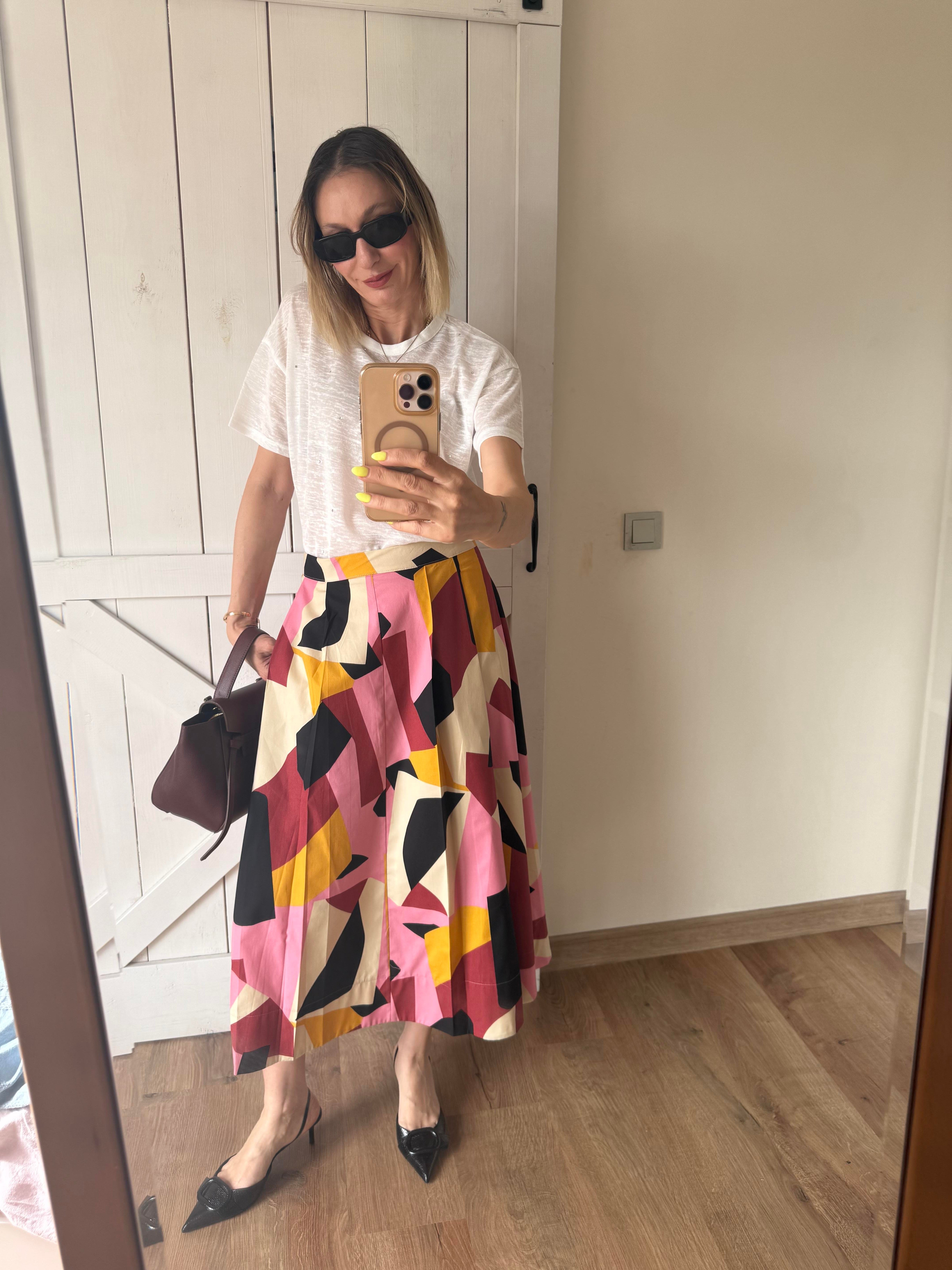 Pileli Desenli Poplin Etek