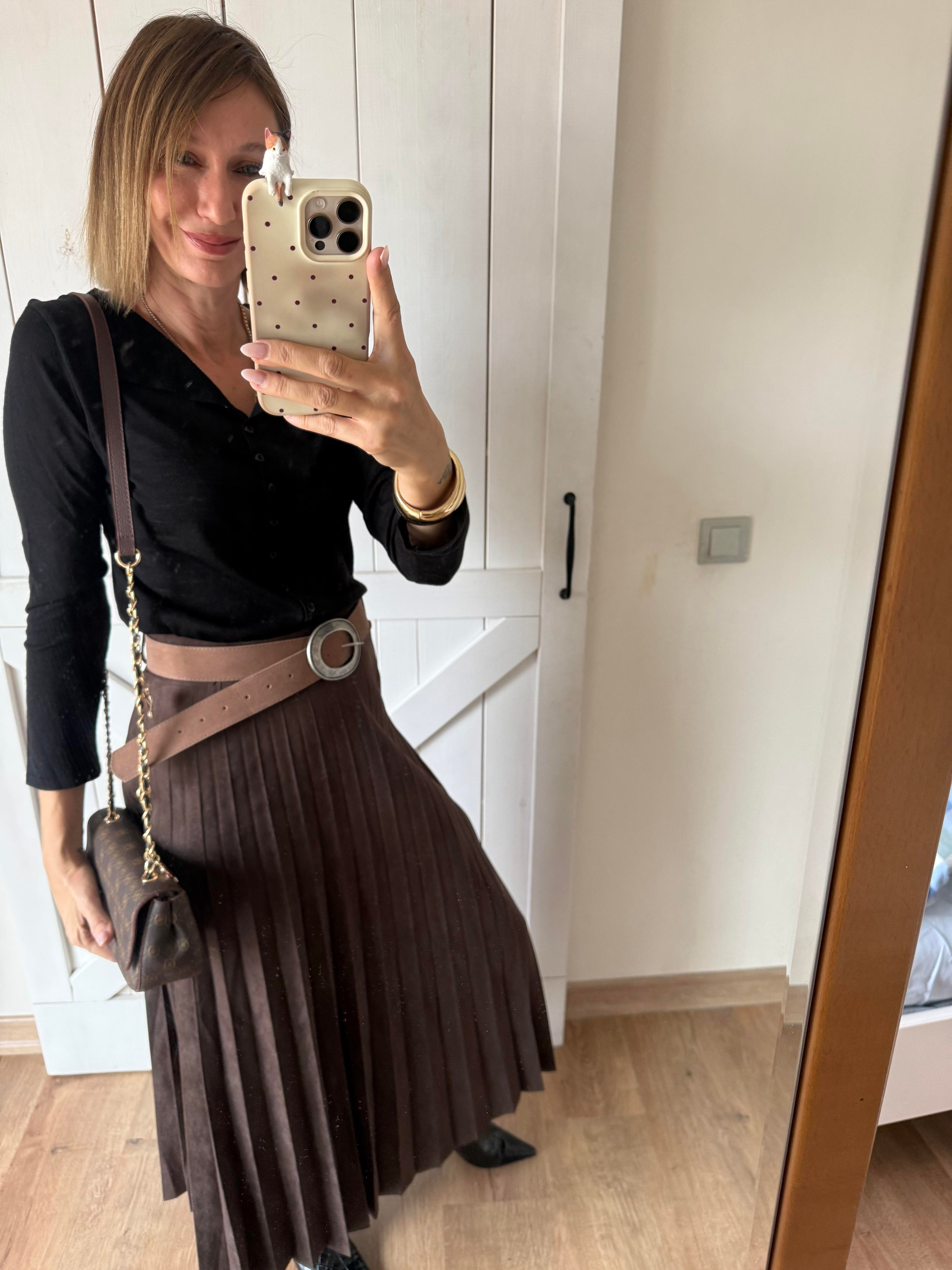 Piliseli Kemerli Süet Etek