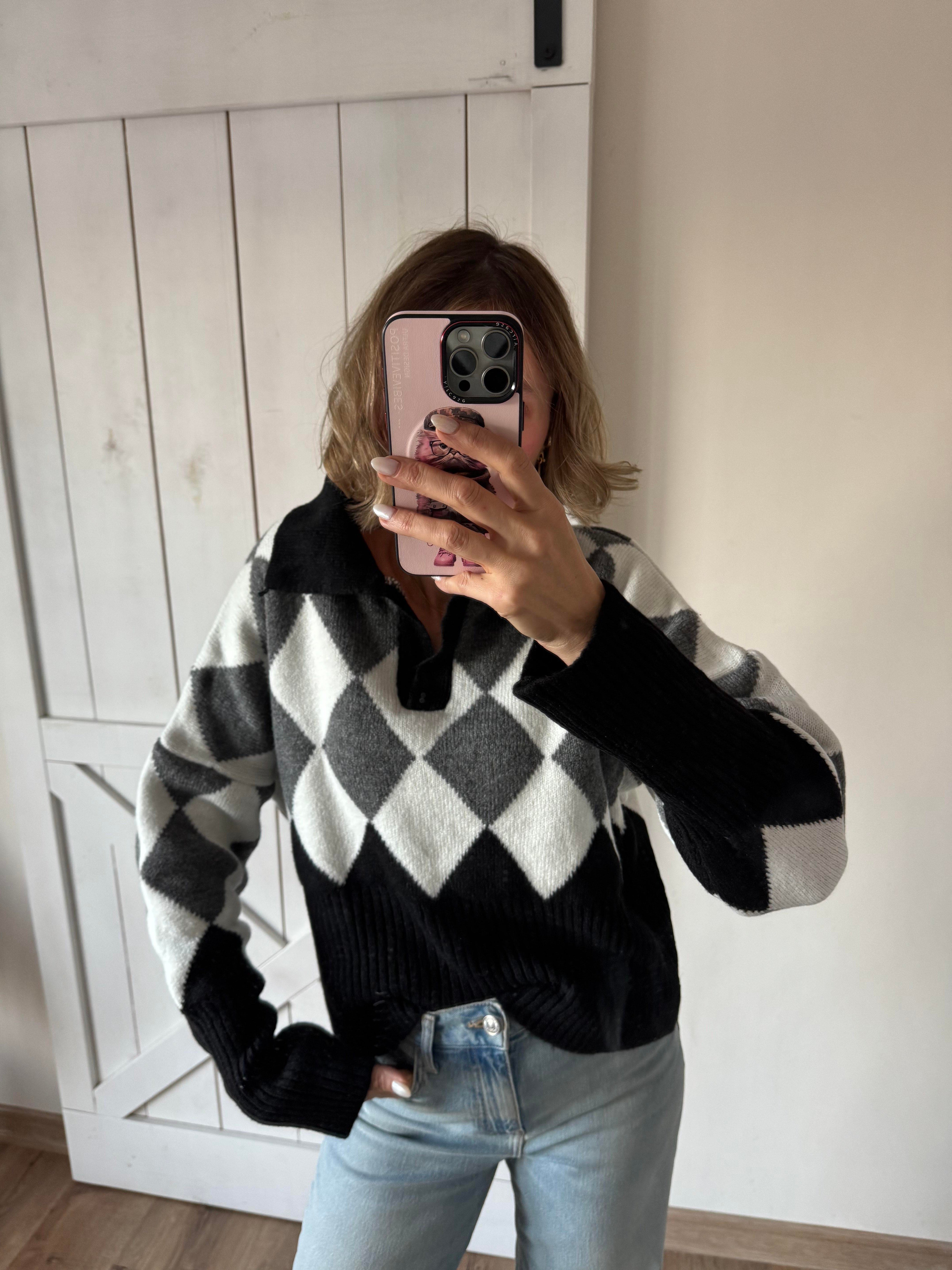 Polo Yaka Baklava Gri Siyah