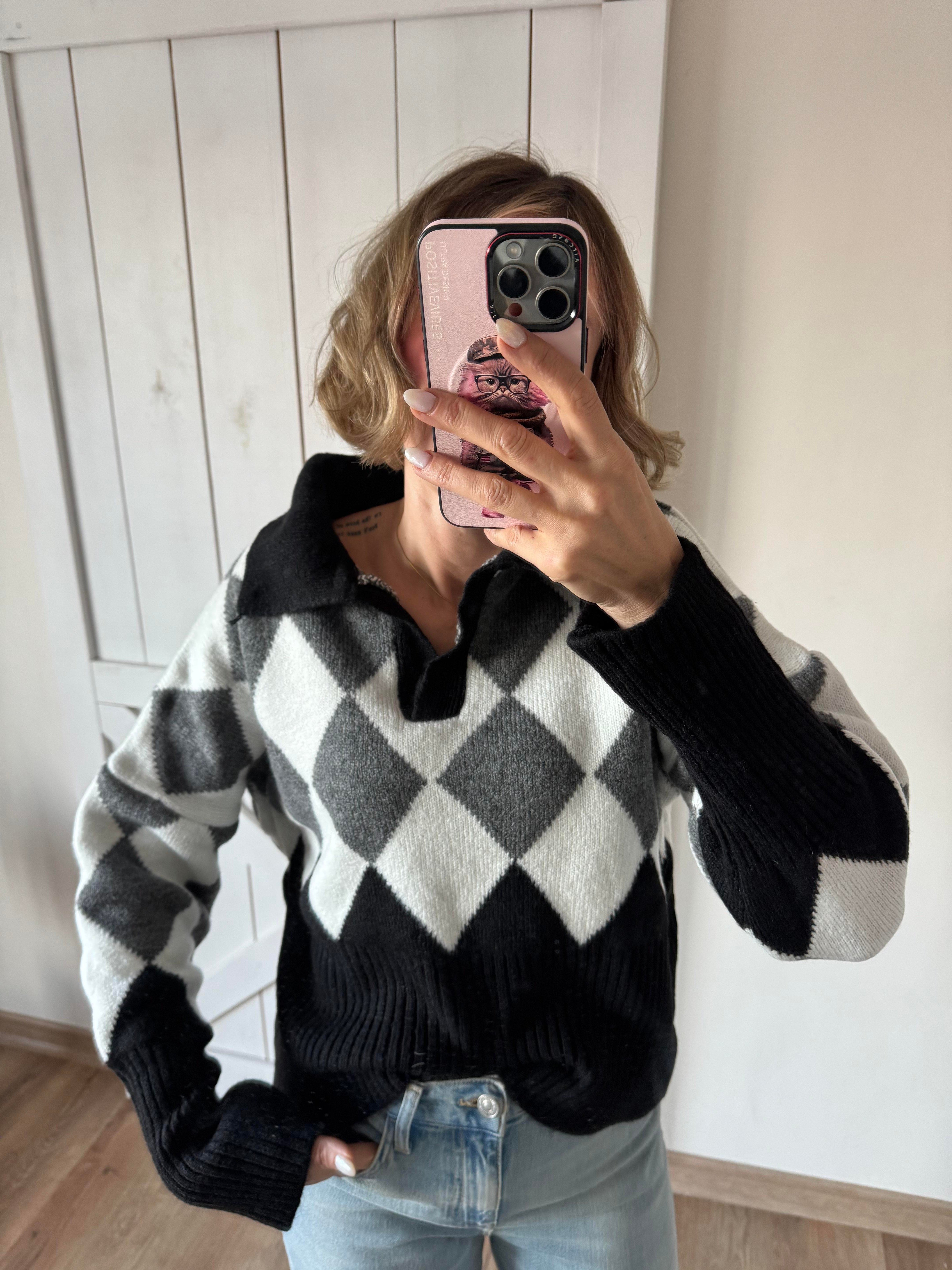 Polo Yaka Baklava Gri Siyah