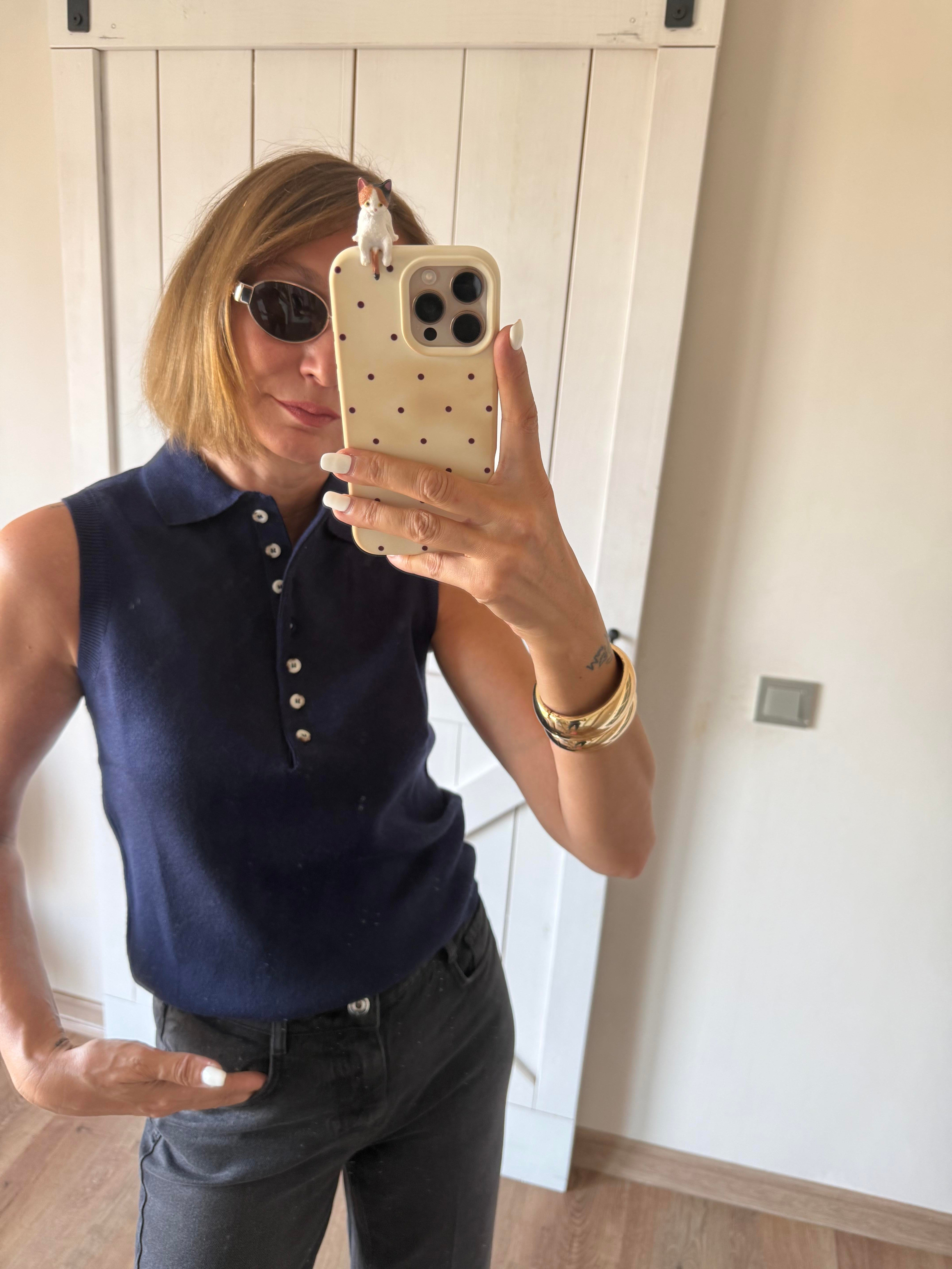 Polo Yaka Düğmeli Massi Lacivert Kolsuz Triko