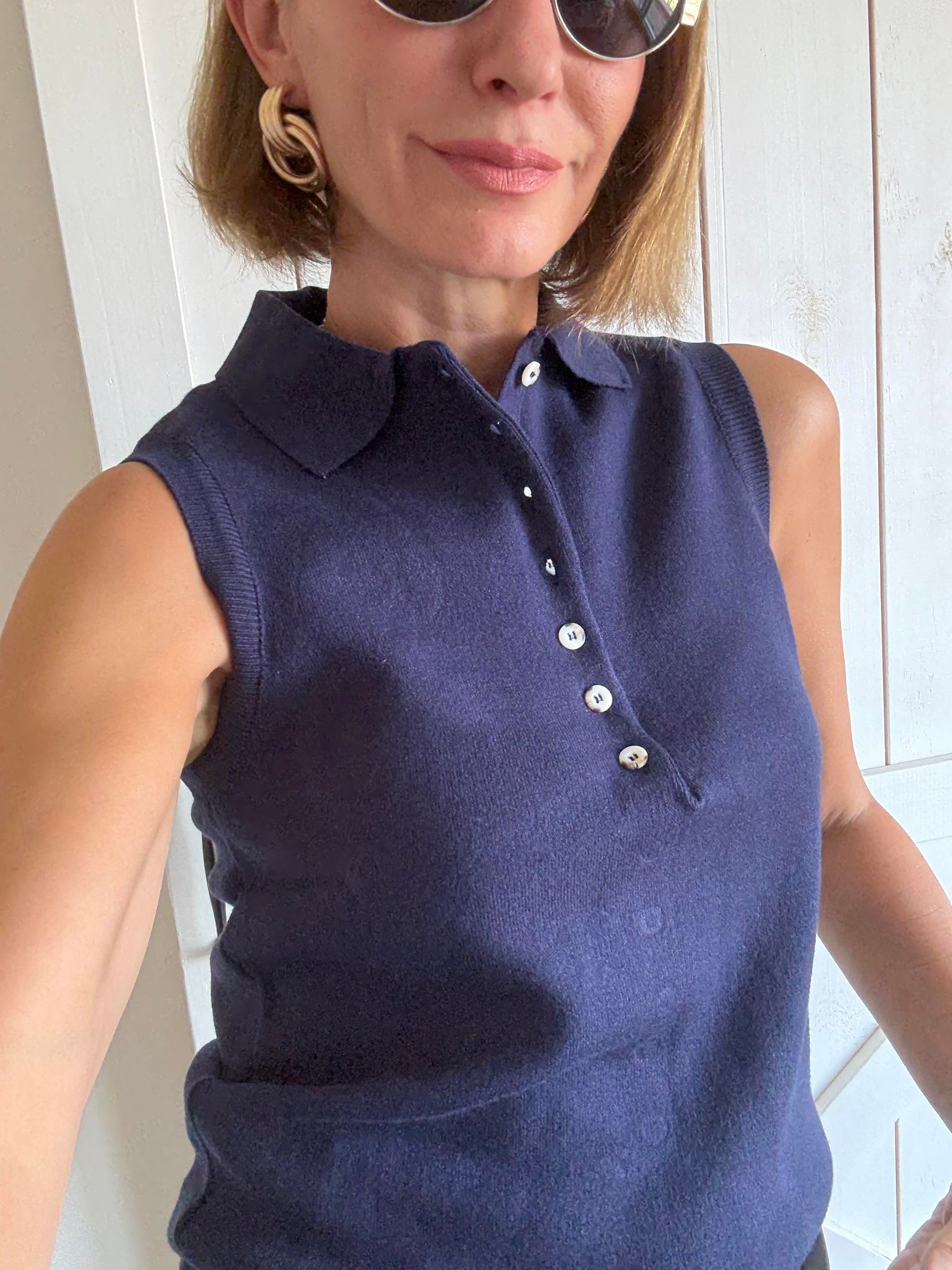 Polo Yaka Düğmeli Massi Lacivert Kolsuz Triko