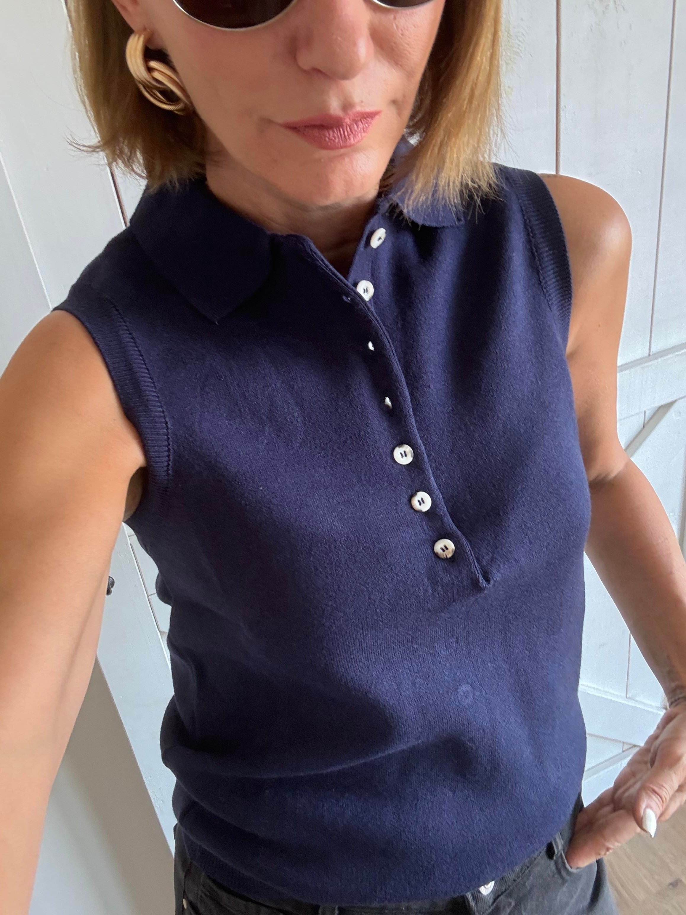 Polo Yaka Düğmeli Massi Lacivert Kolsuz Triko