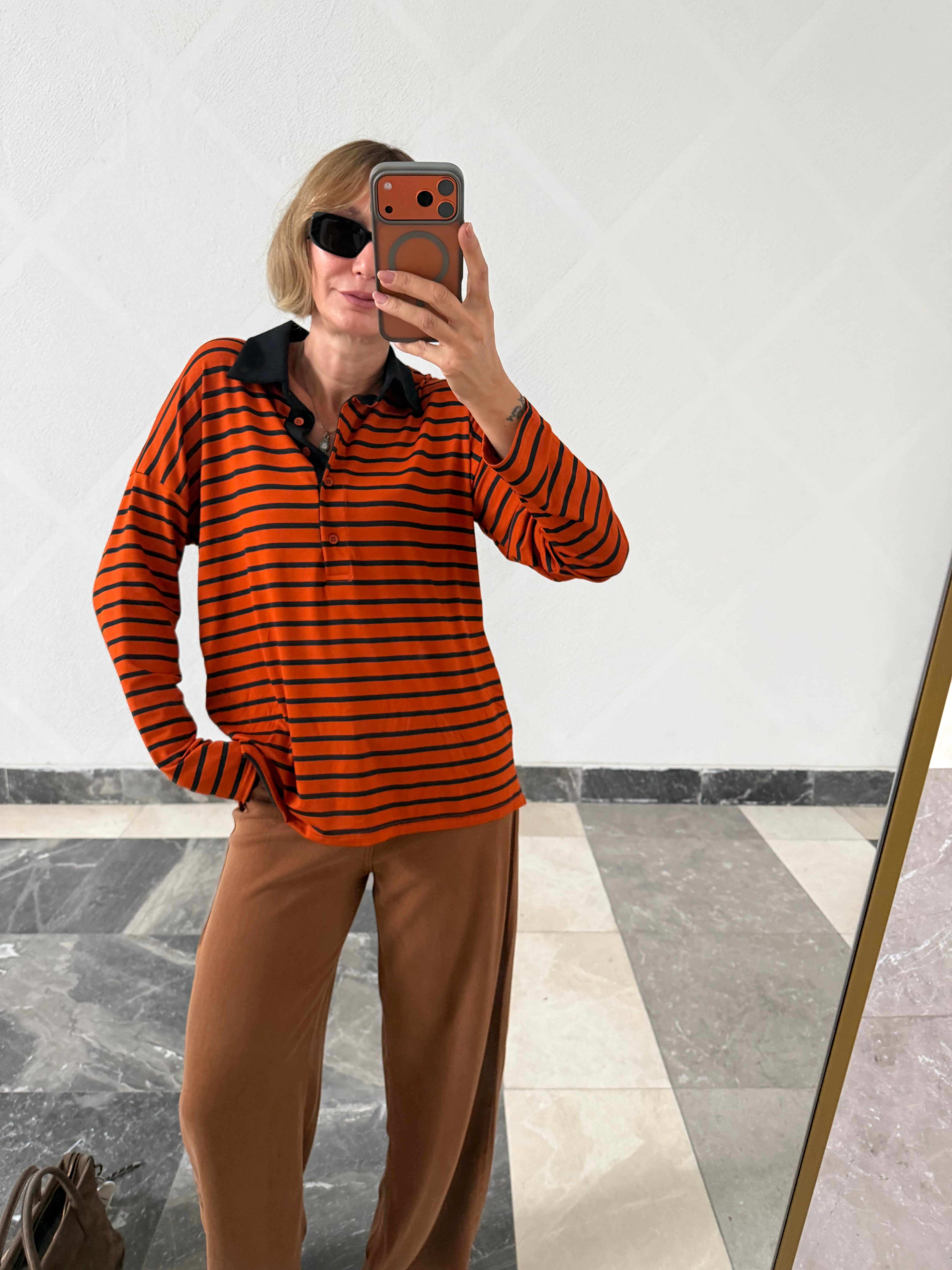 Polo Yaka Kiremit Çizgili Basic
