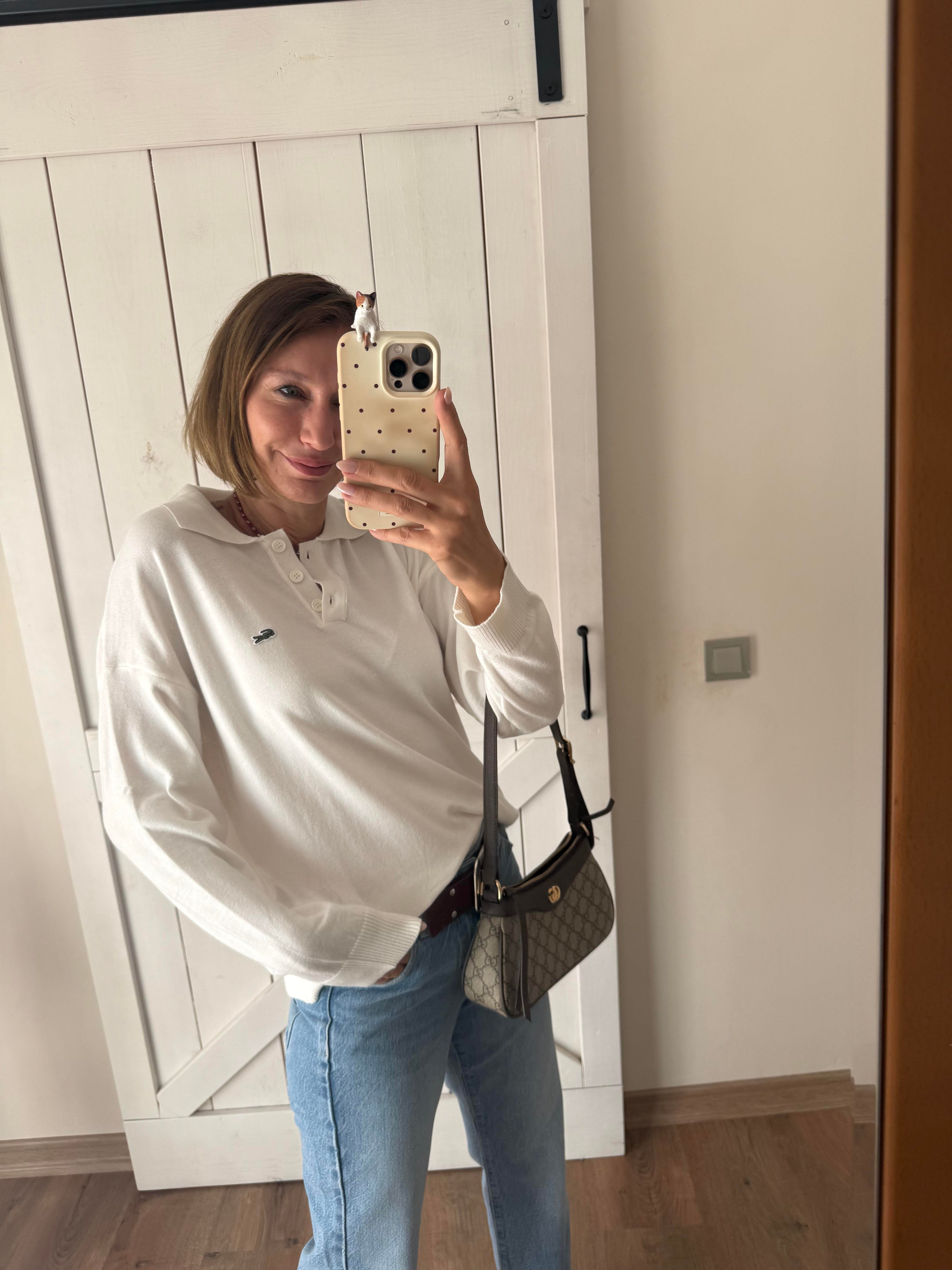 Polo Yaka Kırık Beyaz Lcs Triko