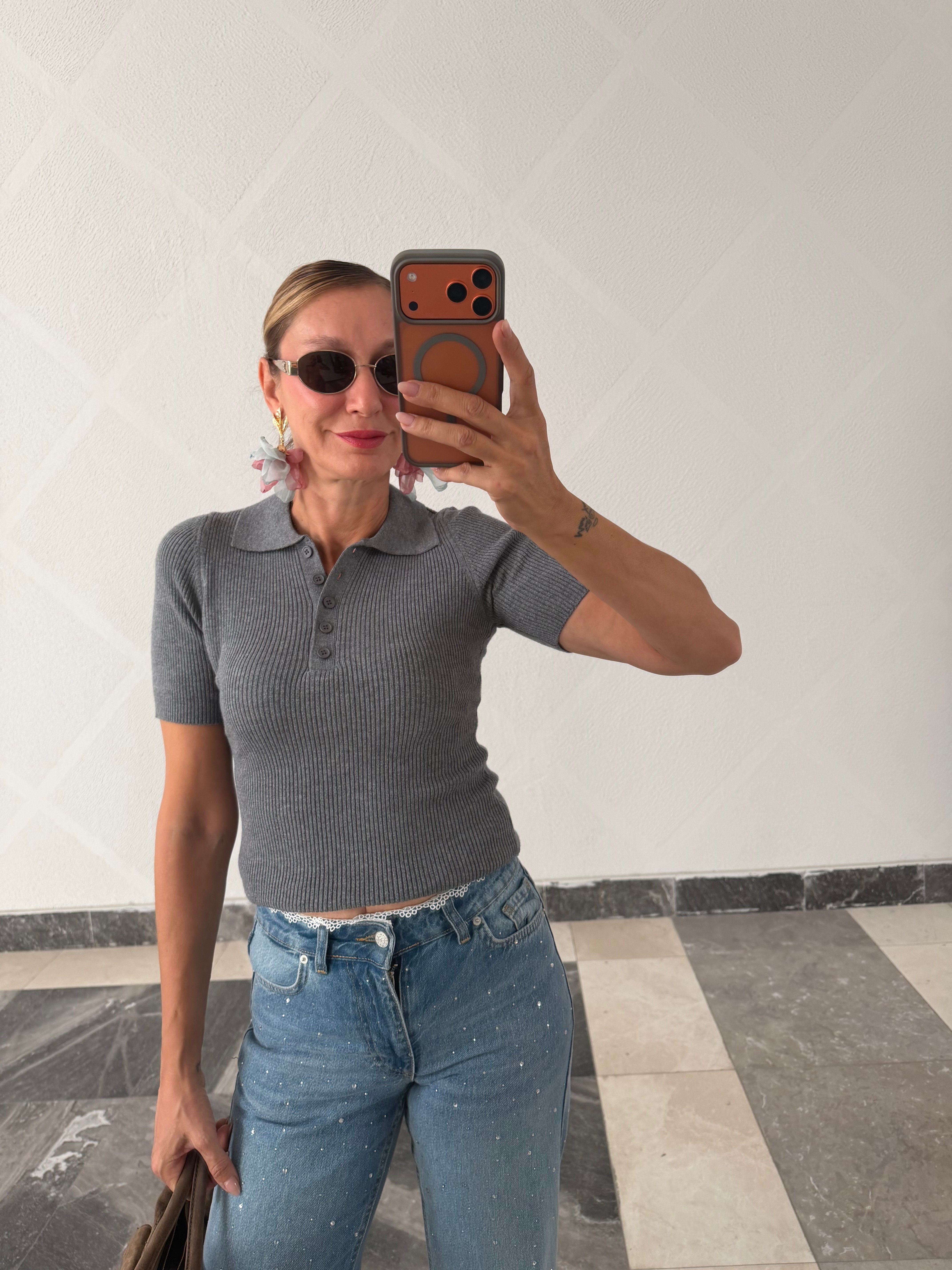 Polo Yaka Massi Yumoş Gri Triko Tshirt