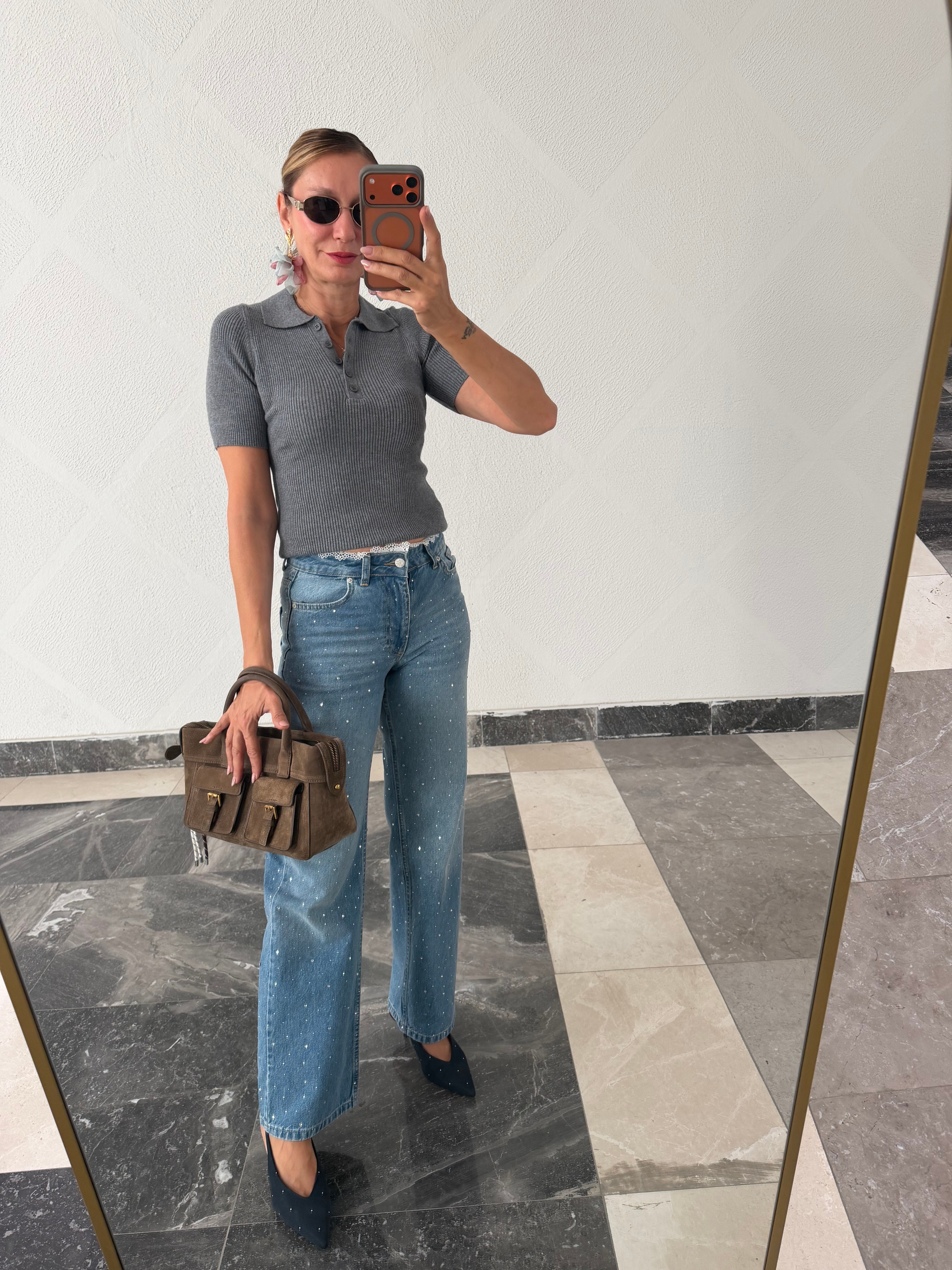 Polo Yaka Massi Yumoş Gri Triko Tshirt