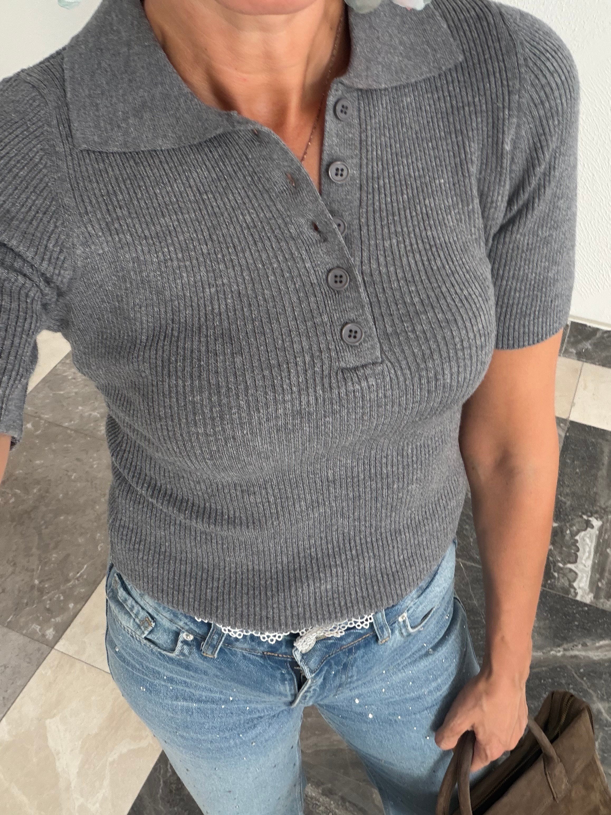 Polo Yaka Massi Yumoş Gri Triko Tshirt