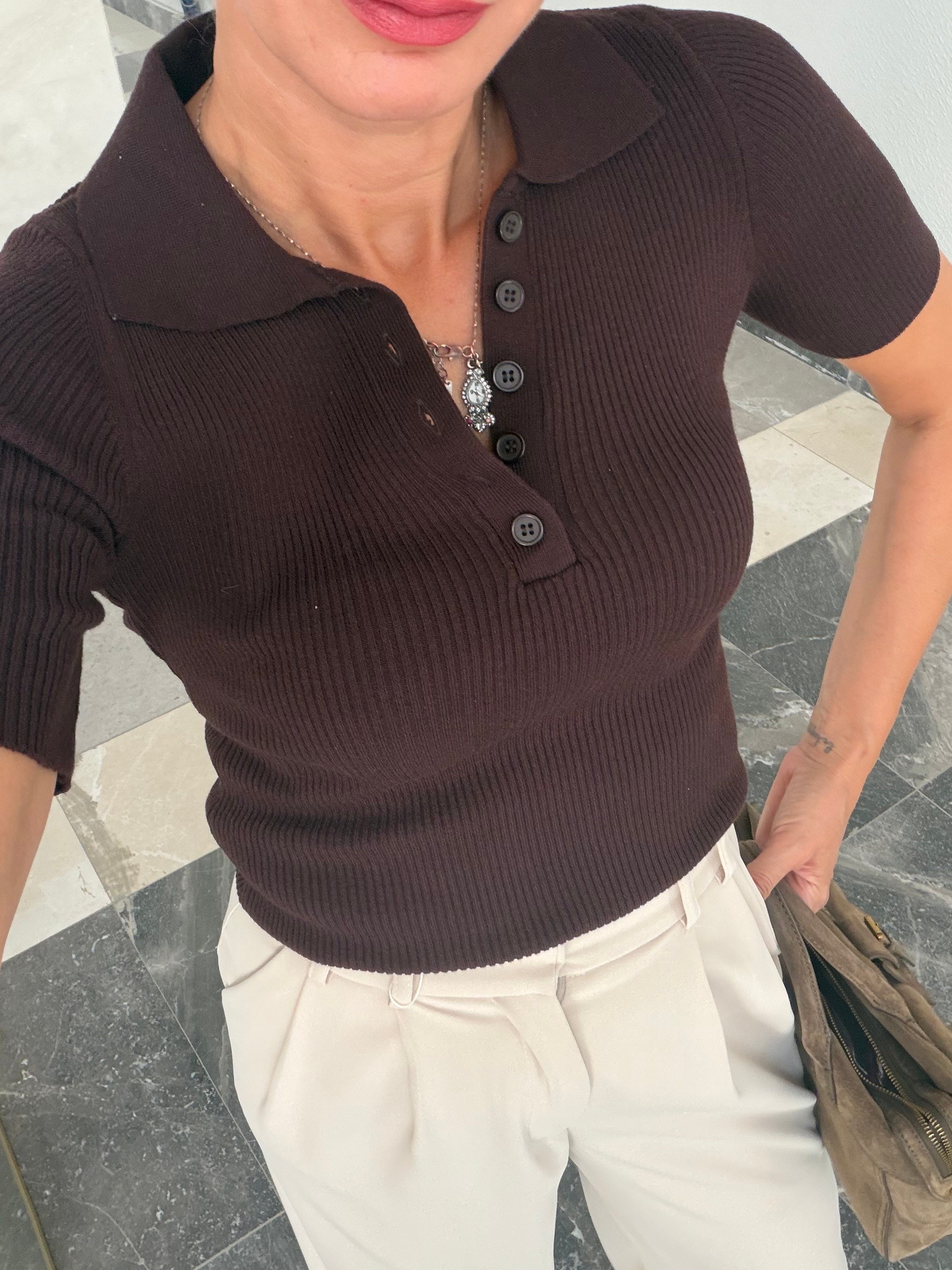Polo Yaka Massi Yumoş Kahve Triko Tshirt