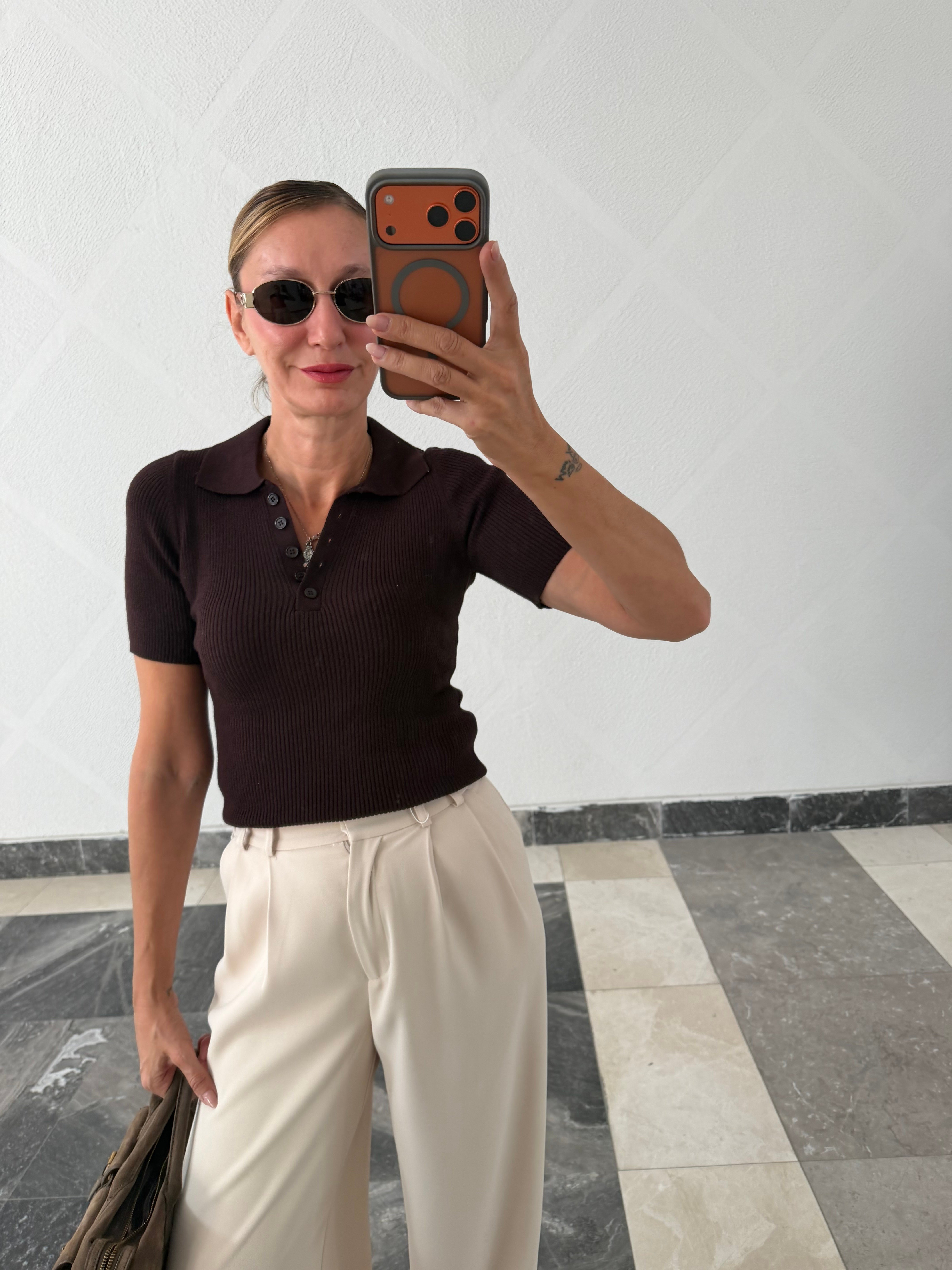 Polo Yaka Massi Yumoş Kahve Triko Tshirt