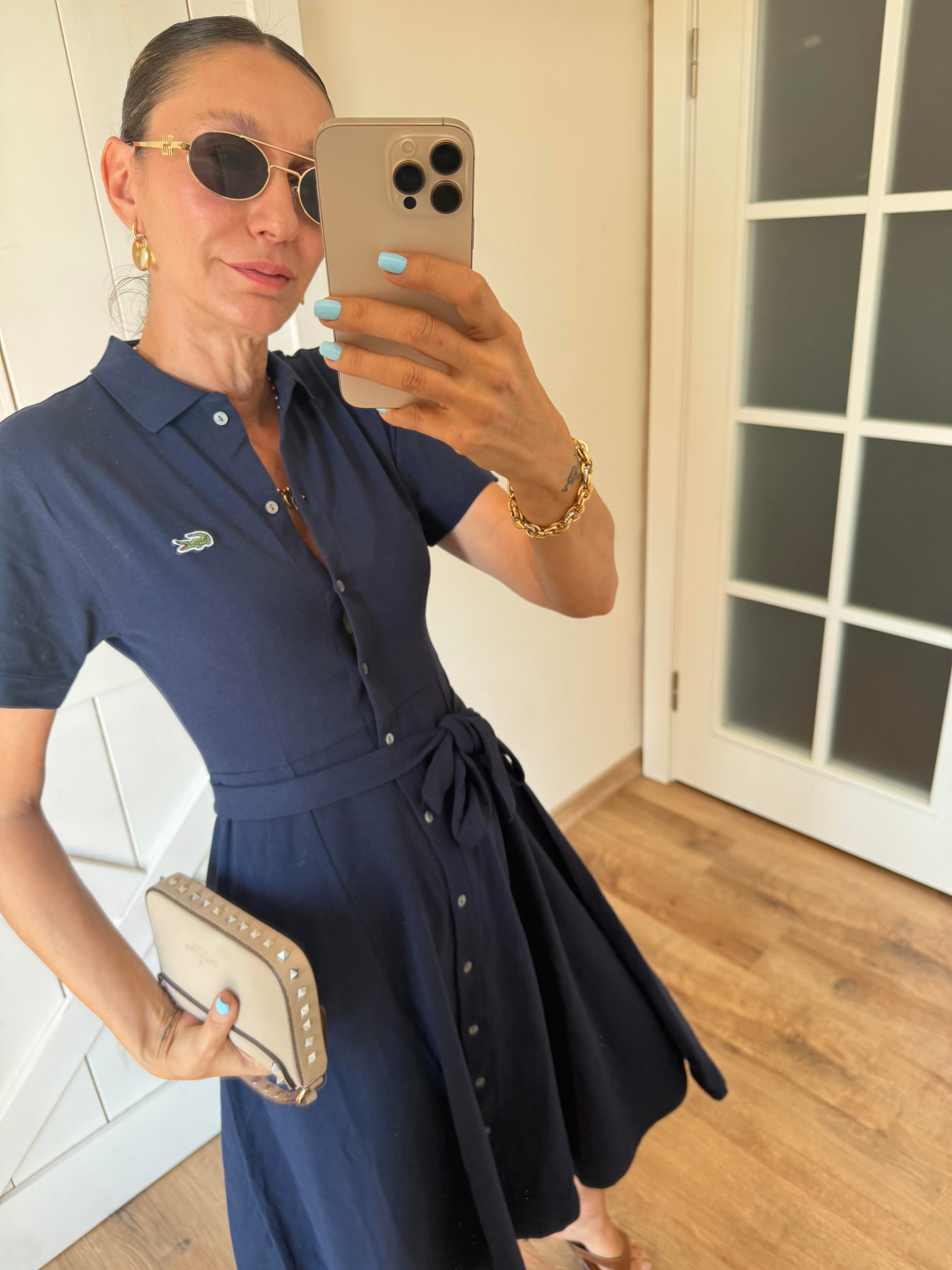 Polo Yaka Premium Lacivert Kuşaklı Elbise