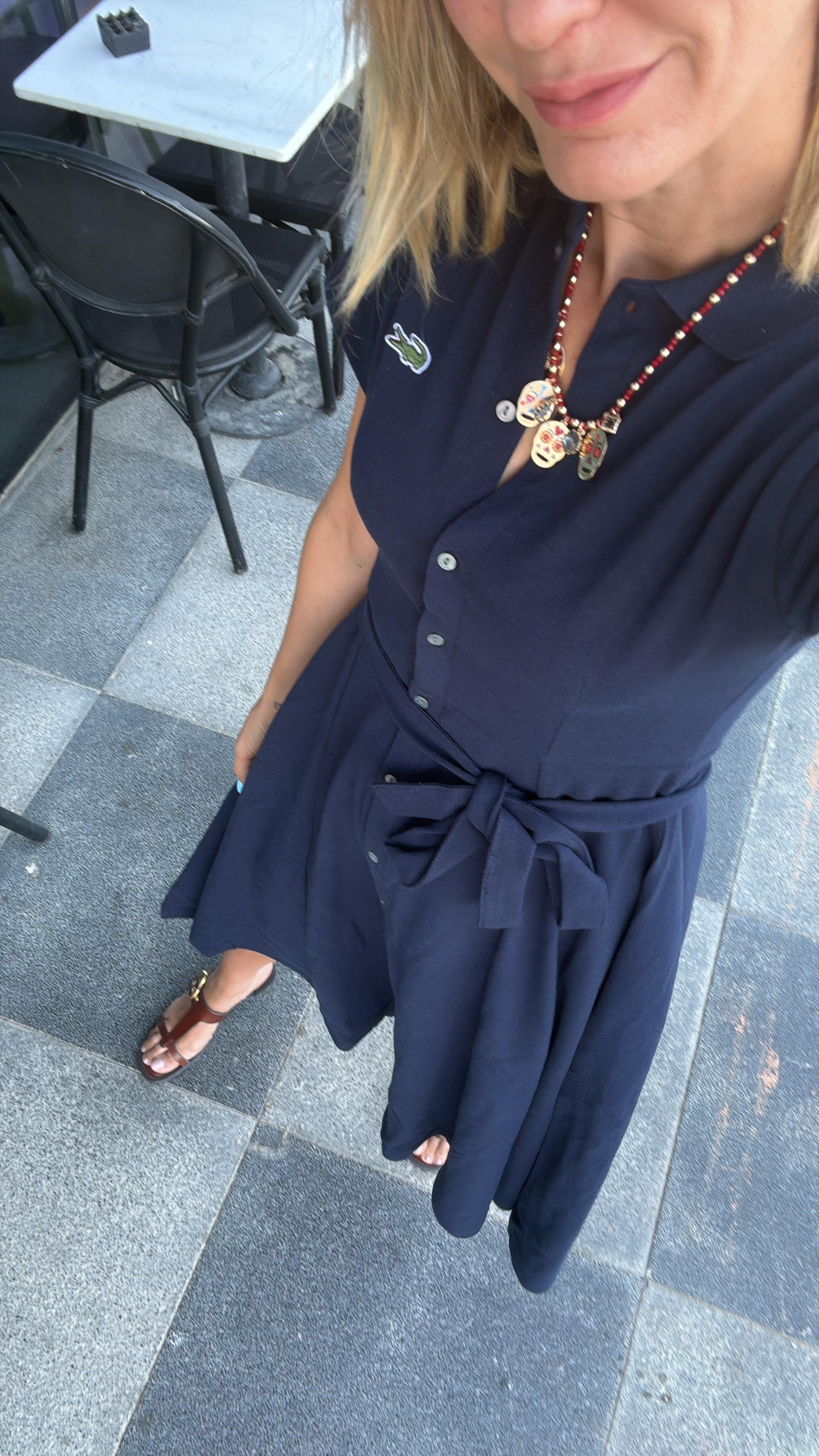 Polo Yaka Premium Lacivert Kuşaklı Elbise