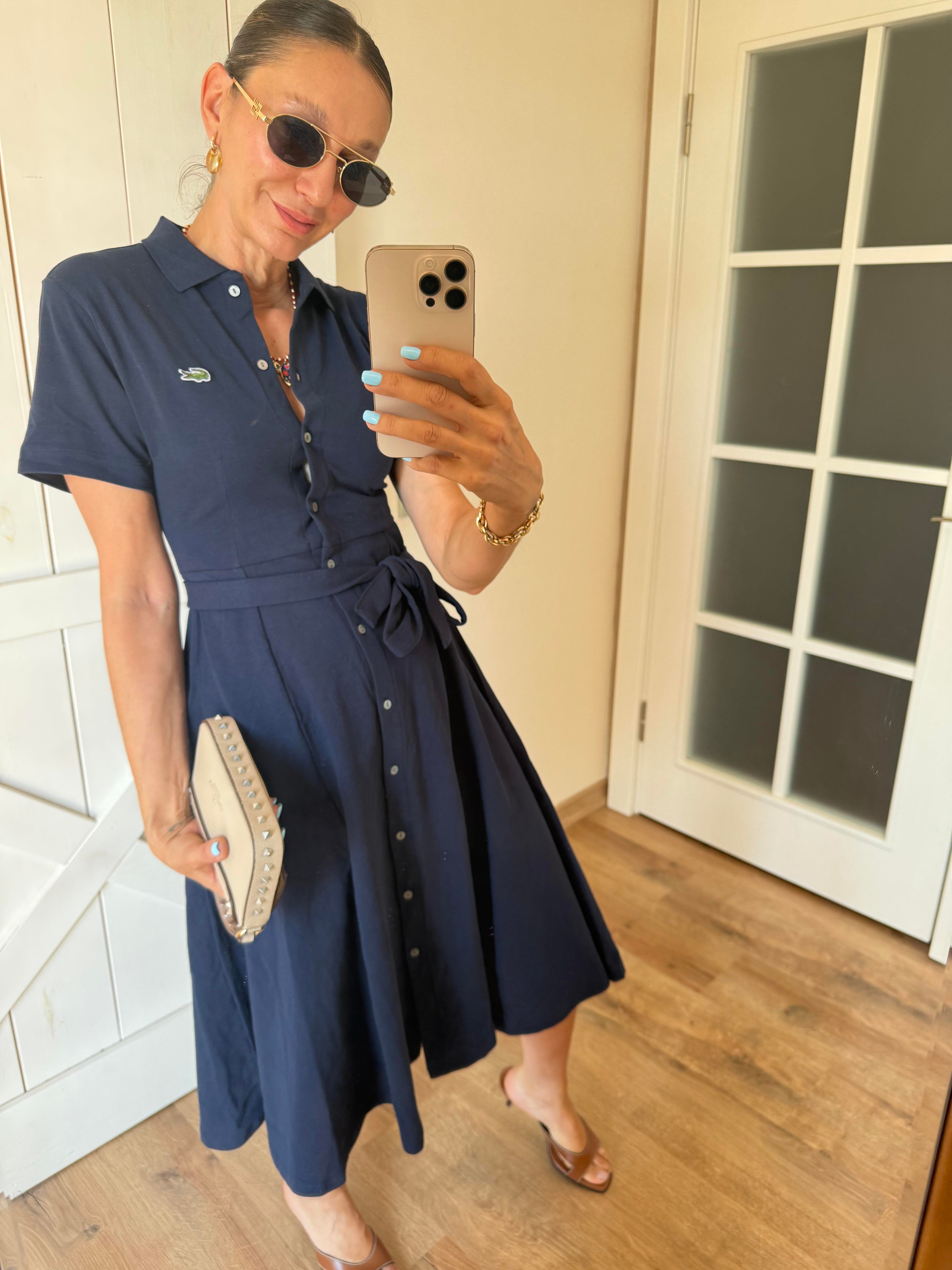 Polo Yaka Premium Lacivert Kuşaklı Elbise