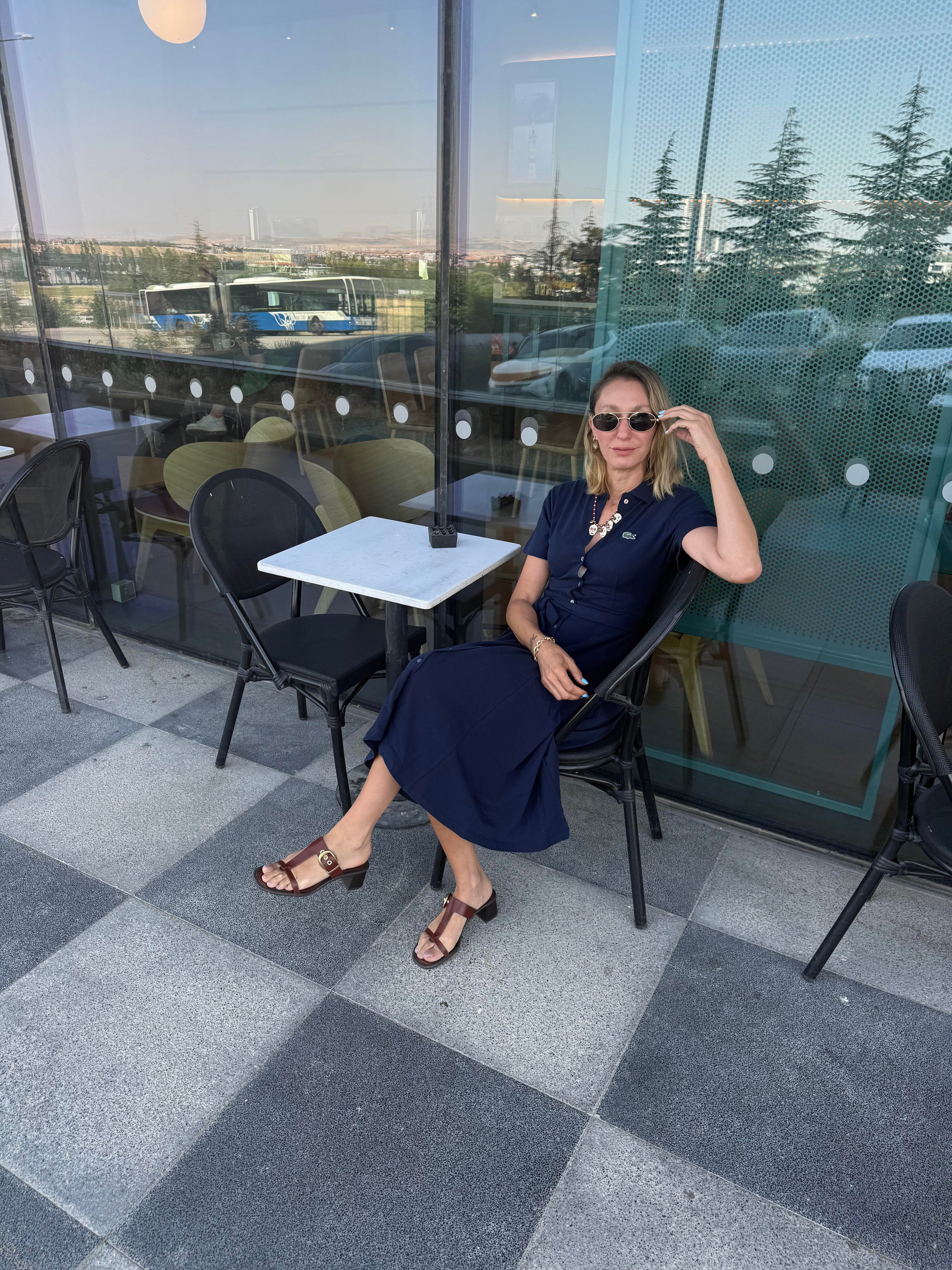 Polo Yaka Premium Lacivert Kuşaklı Elbise