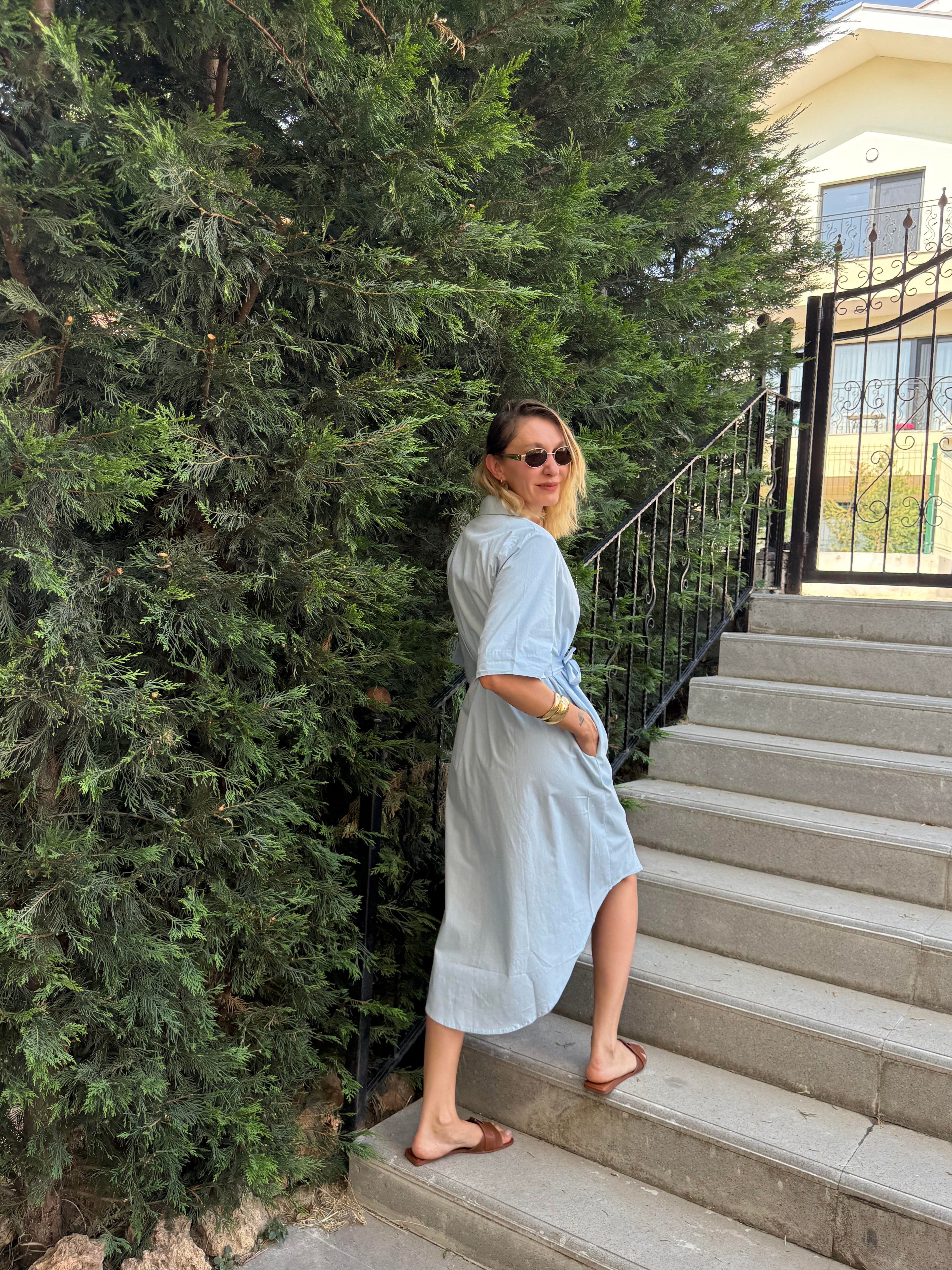 Poplin Bebek Mavi Gömlek Elbise Kos