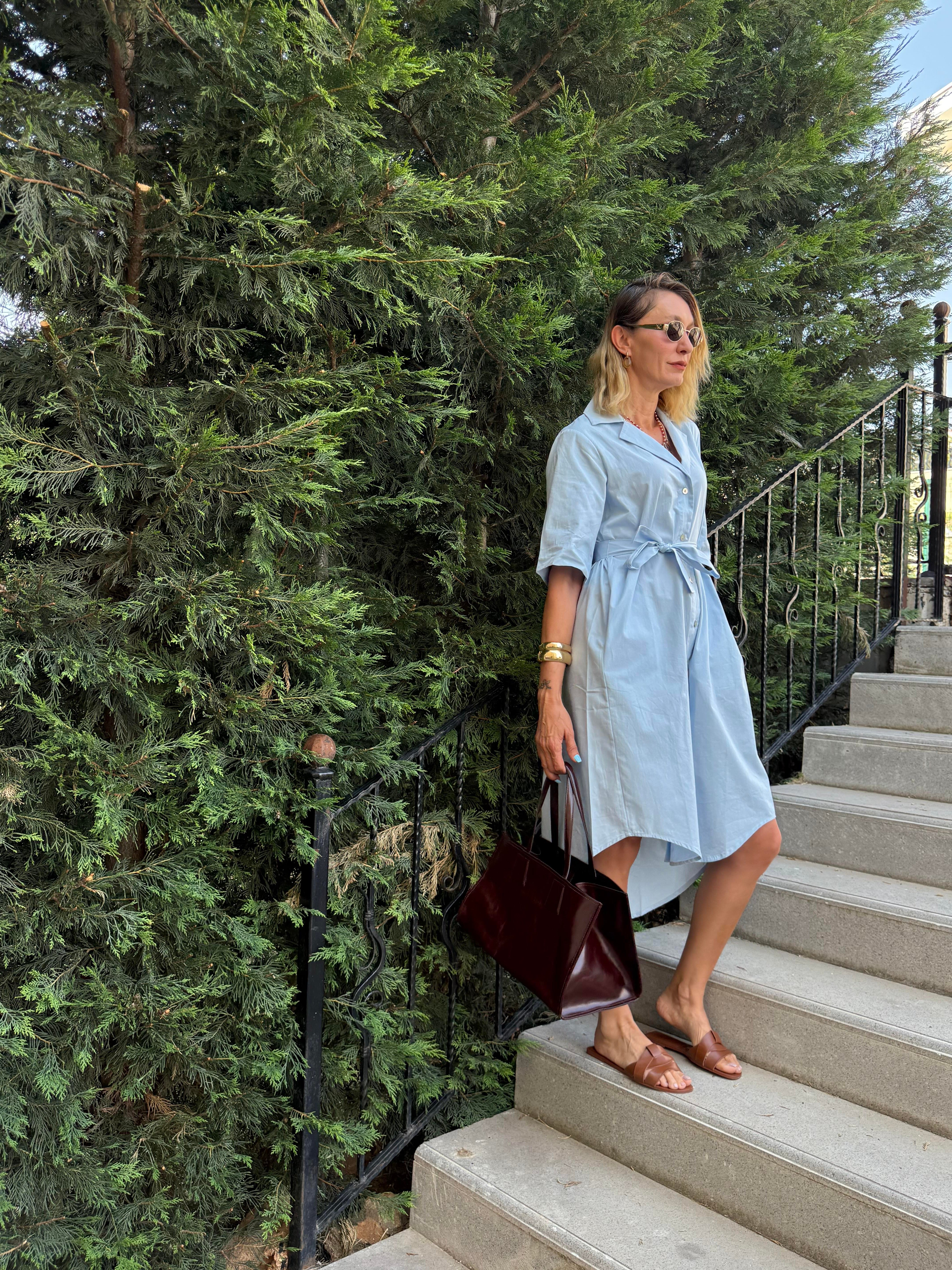 Poplin Bebek Mavi Gömlek Elbise Kos