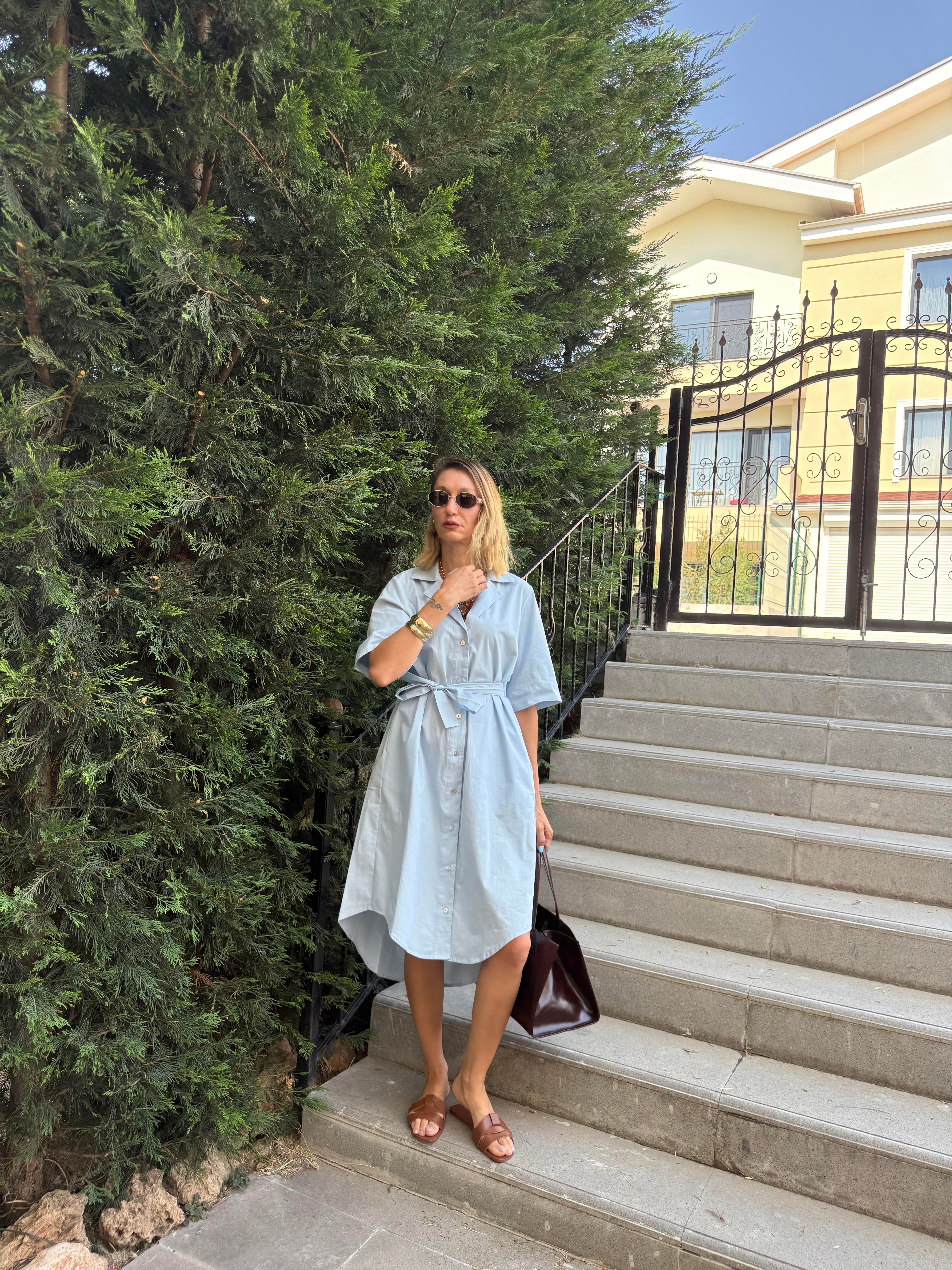 Poplin Bebek Mavi Gömlek Elbise Kos