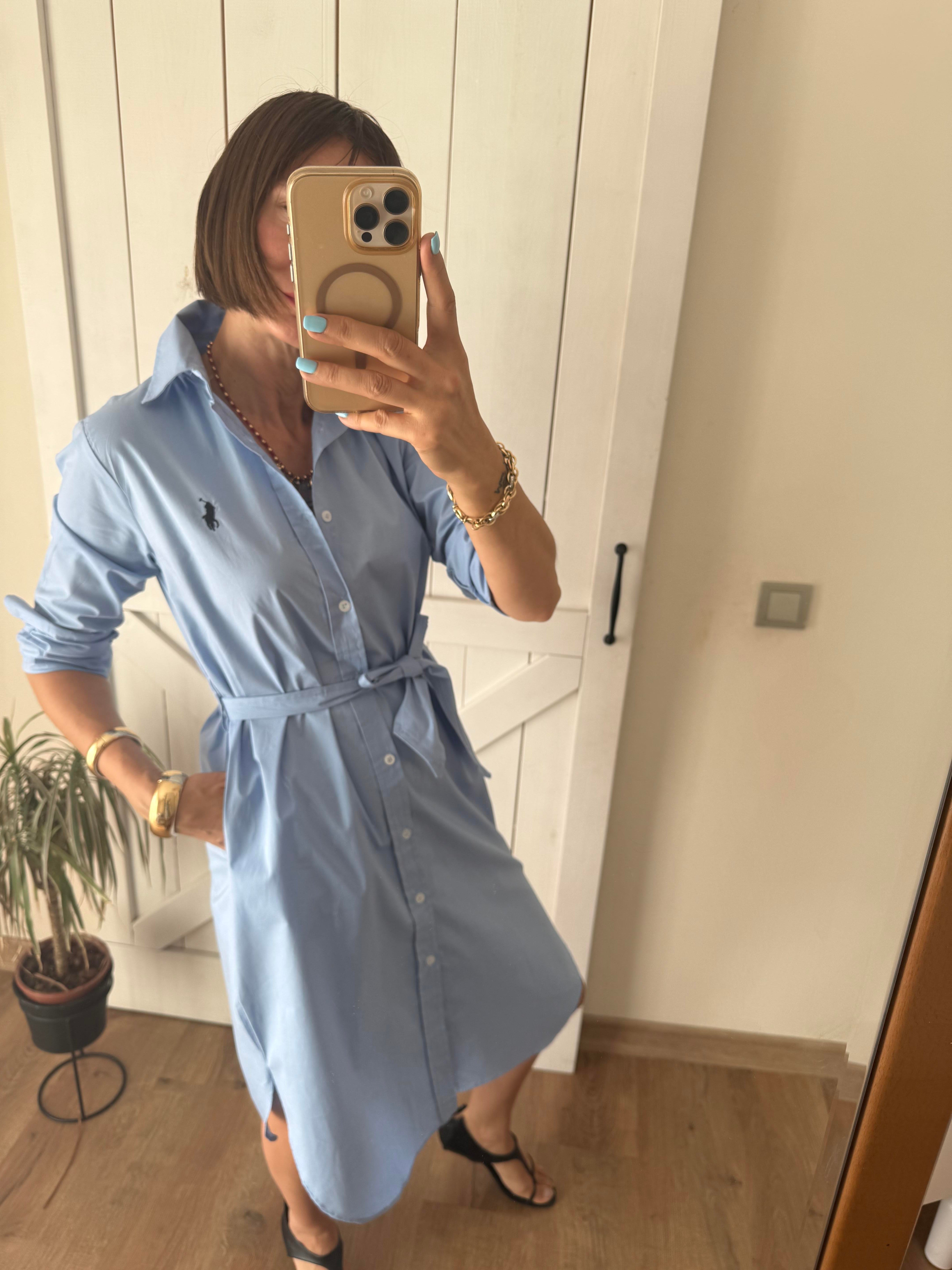 Poplin Mavi Kuşaklı Uzun Kollu Gömlek Elbise