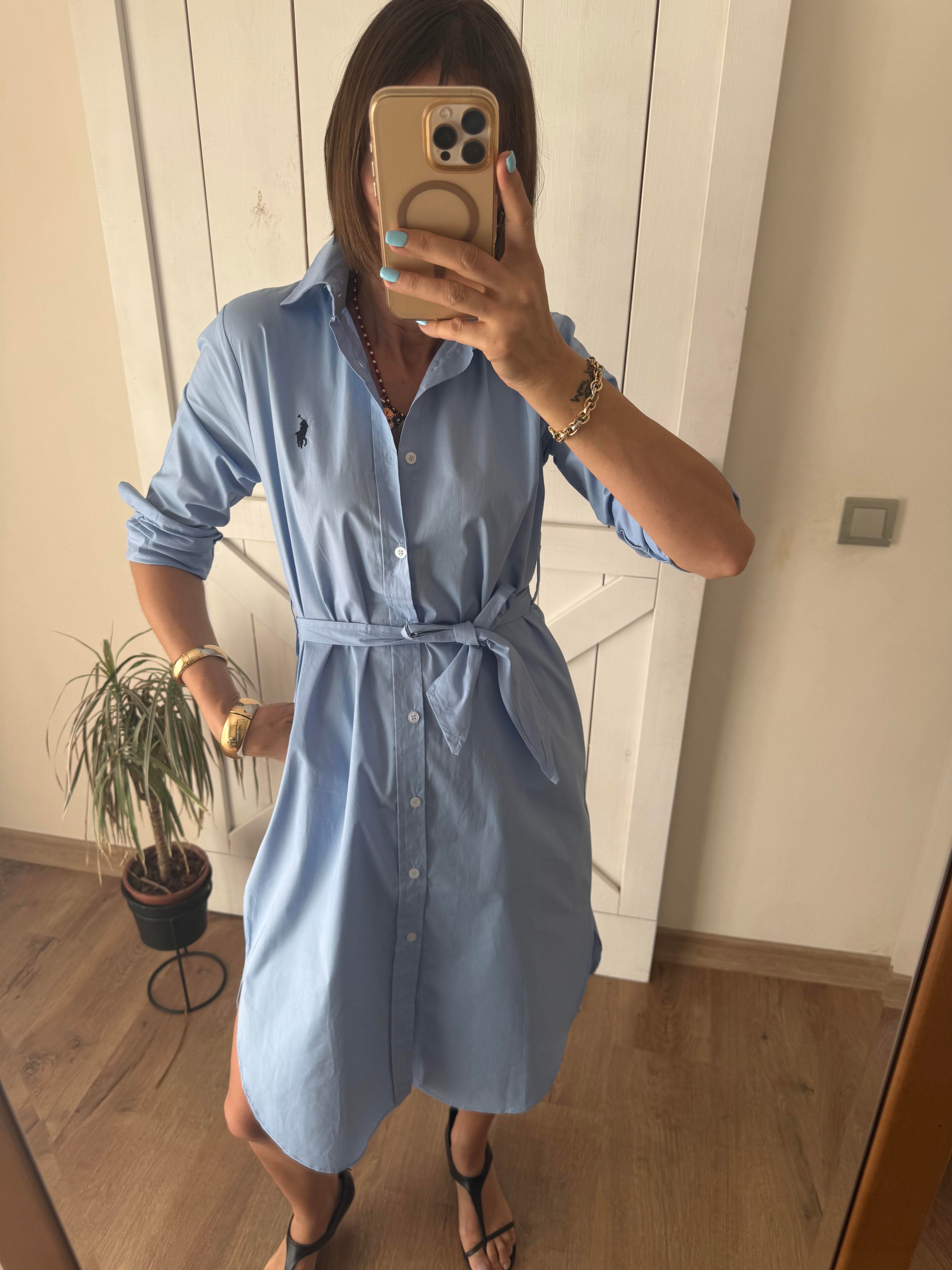 Poplin Mavi Kuşaklı Uzun Kollu Gömlek Elbise
