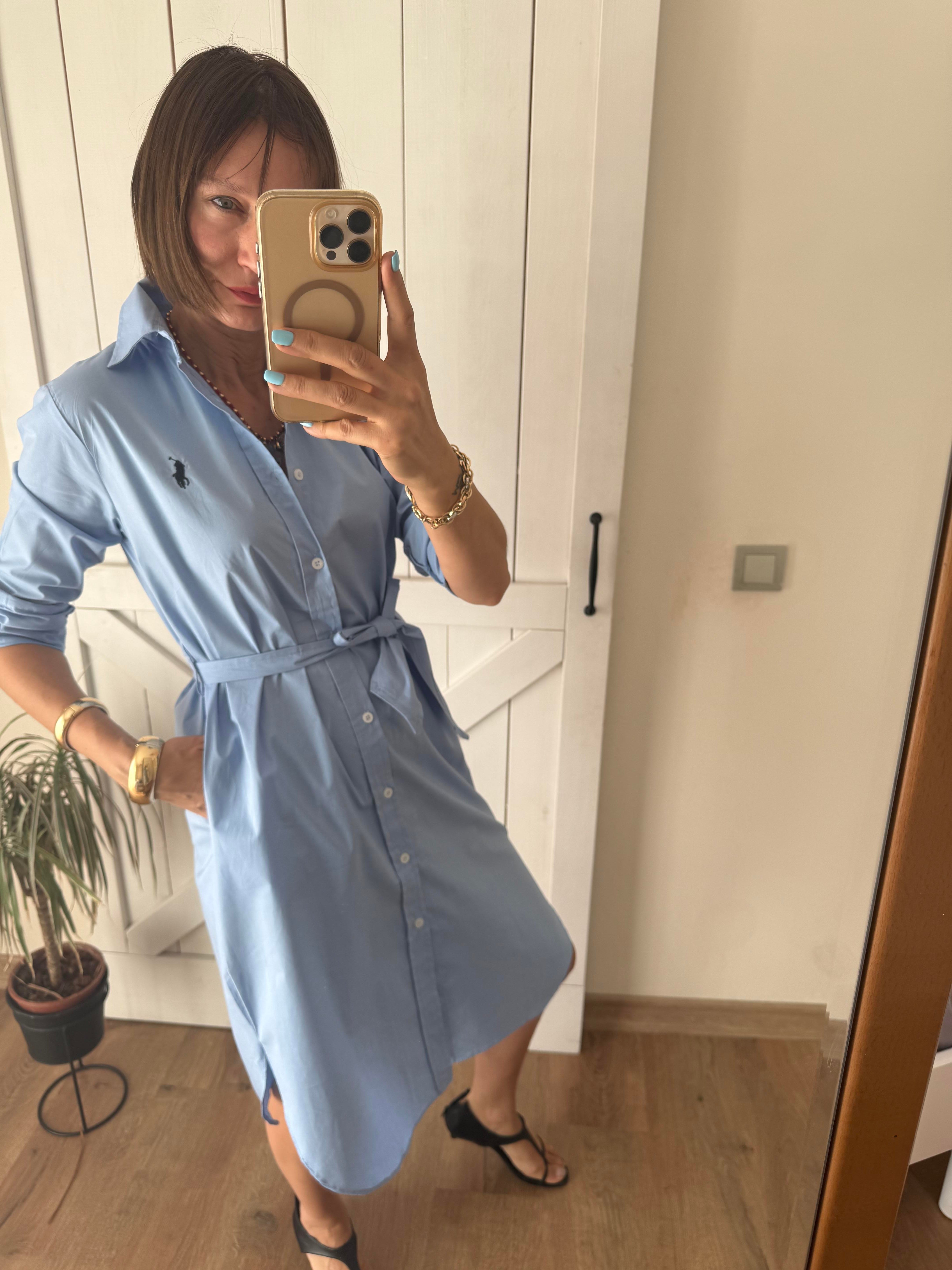 Poplin Mavi Kuşaklı Uzun Kollu Gömlek Elbise