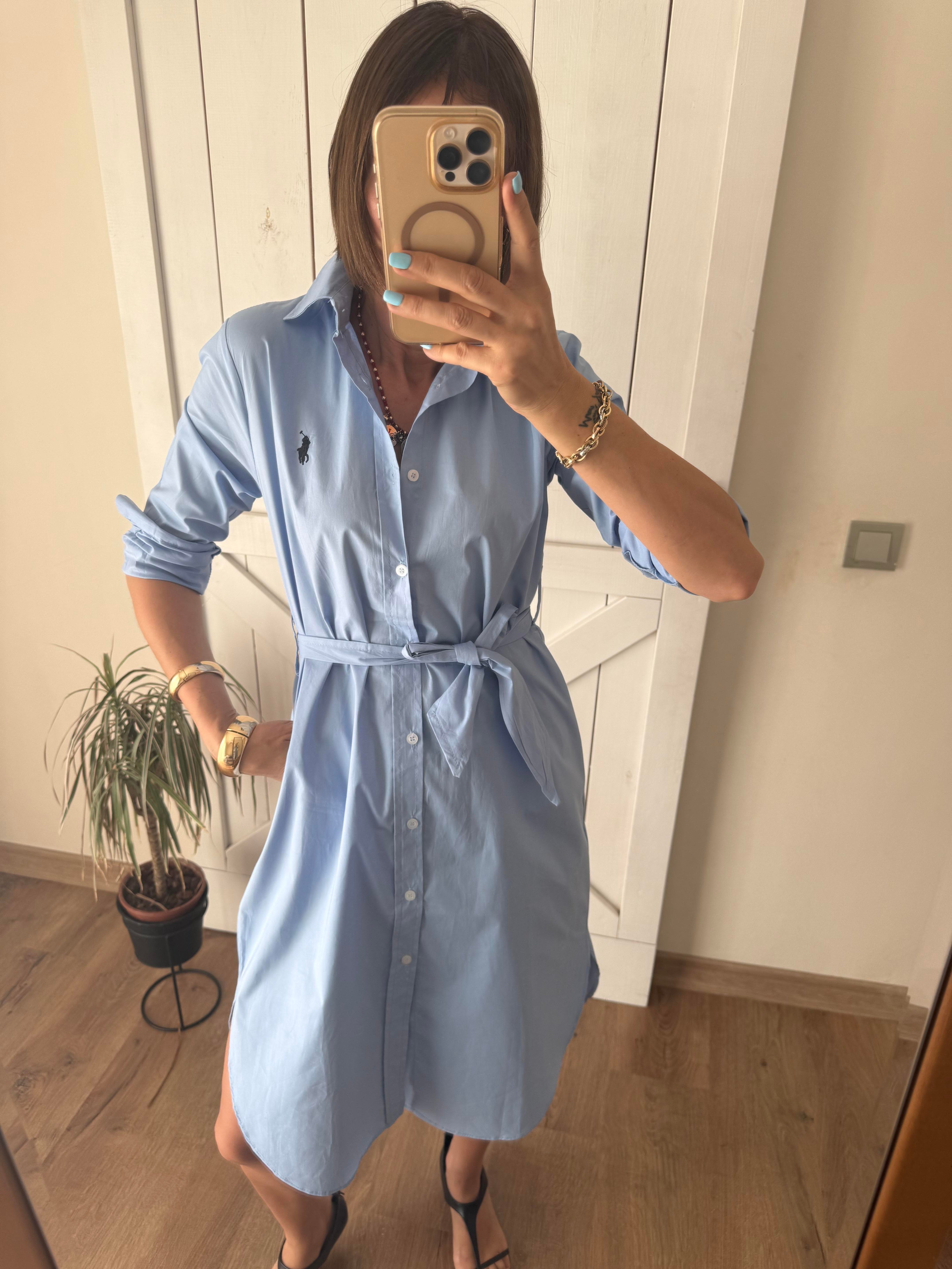 Poplin Mavi Kuşaklı Uzun Kollu Gömlek Elbise