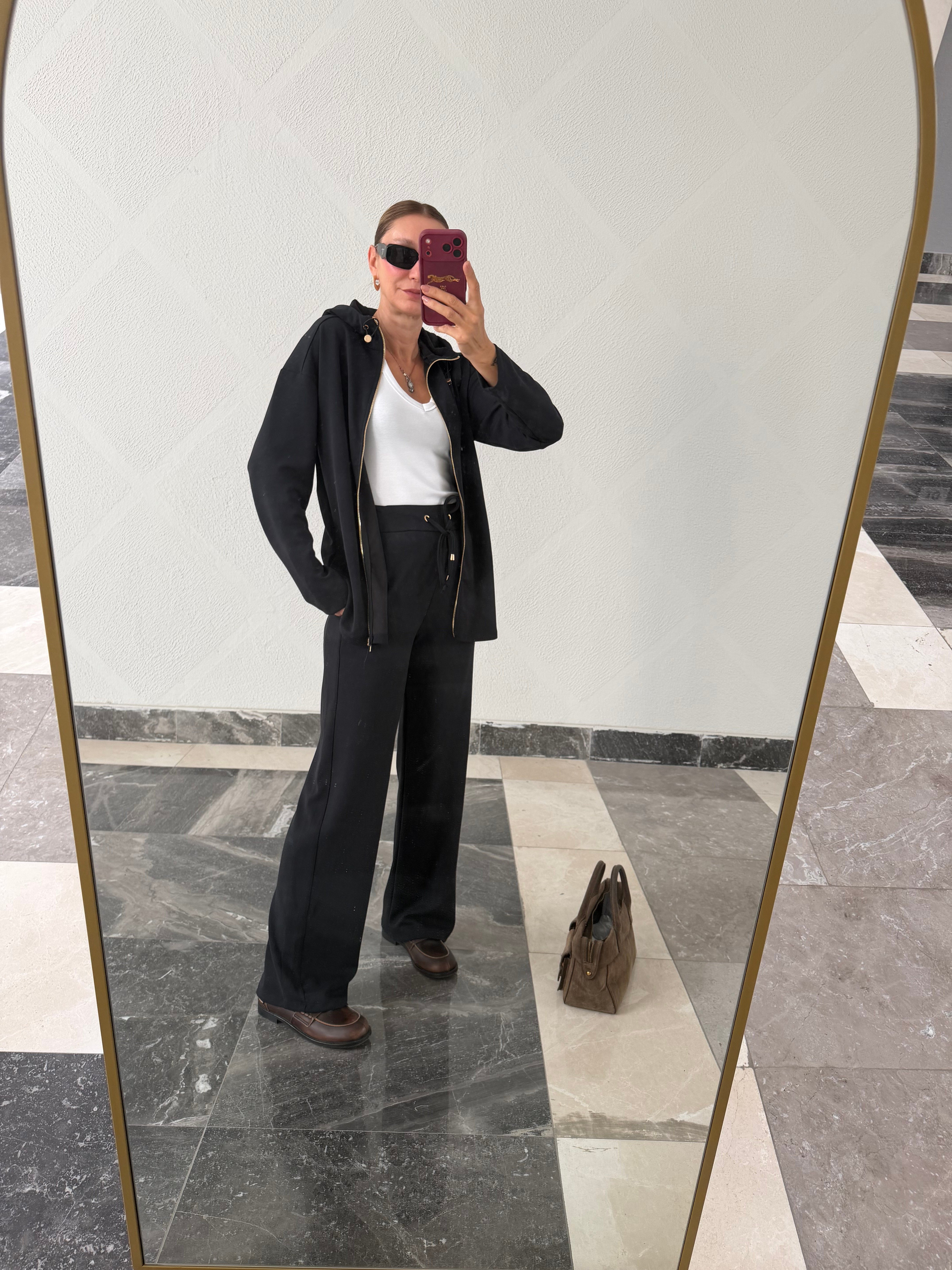 Premium Antrasit Kumaş Fermuarlı Kapüşonlu Takım