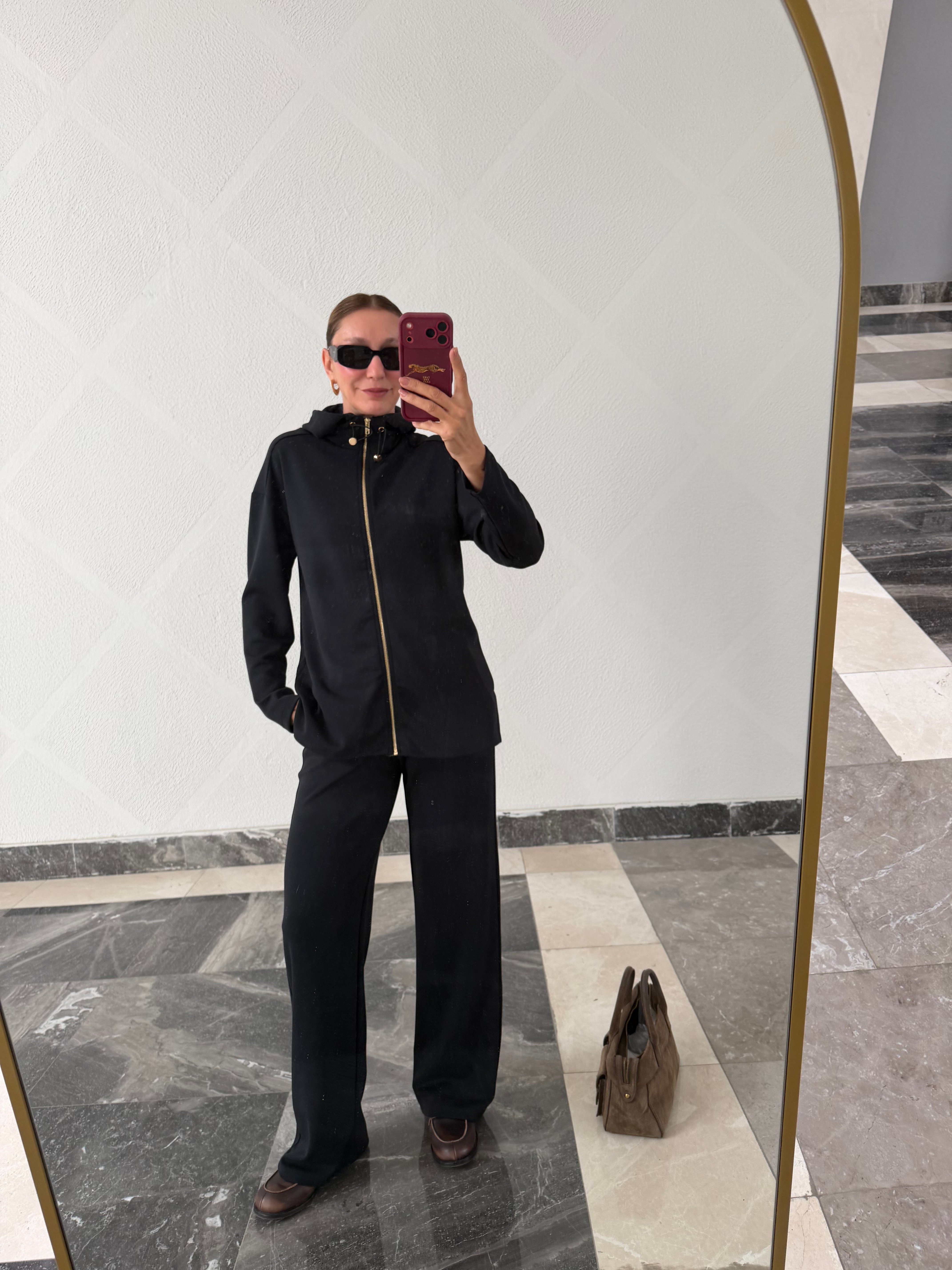 Premium Antrasit Kumaş Fermuarlı Kapüşonlu Takım