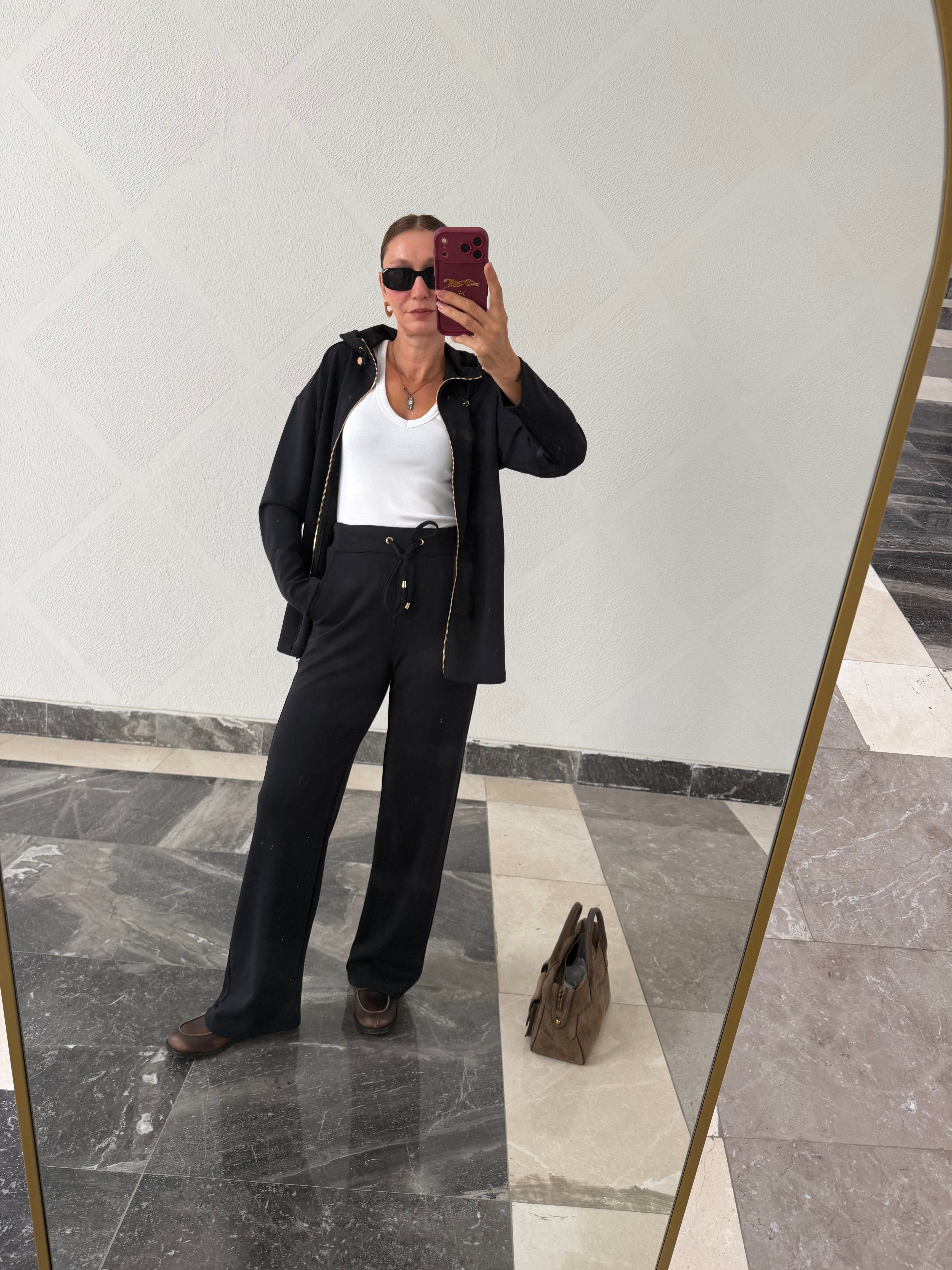 Premium Antrasit Kumaş Fermuarlı Kapüşonlu Takım