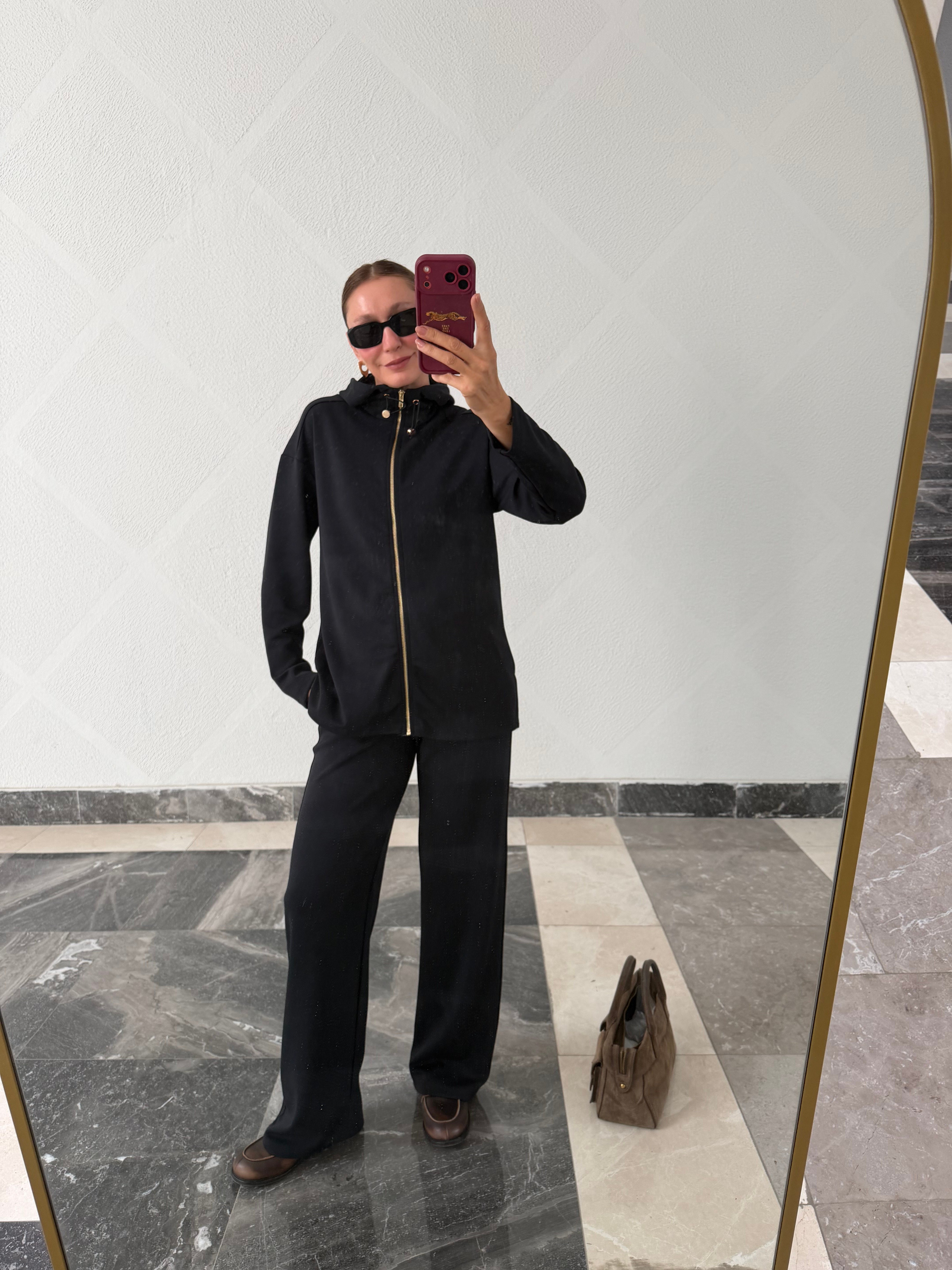 Premium Antrasit Kumaş Fermuarlı Kapüşonlu Takım