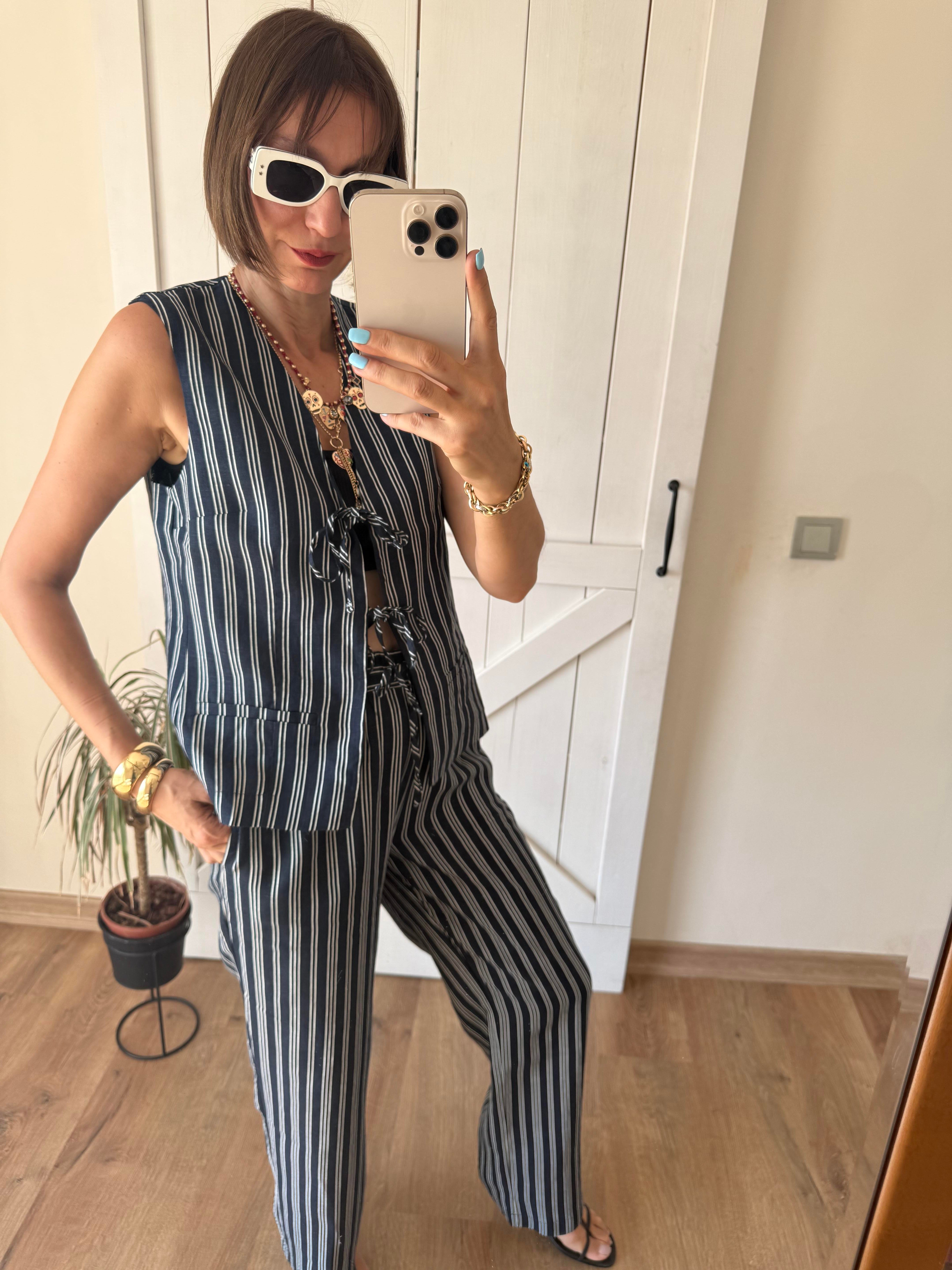 Premium Bağlamalı Kos Çizgili Yelek Pantolon Takım