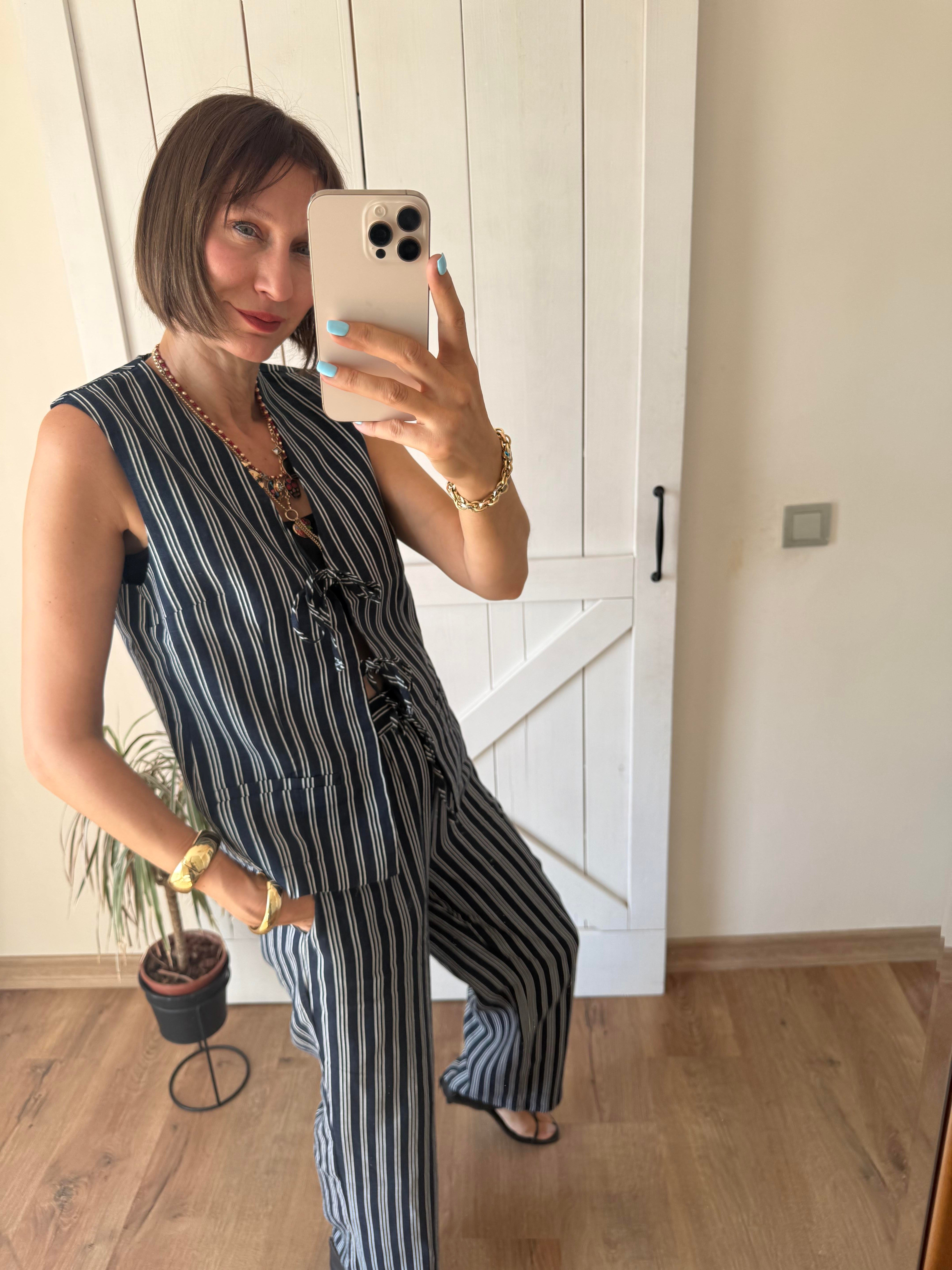 Premium Bağlamalı Kos Çizgili Yelek Pantolon Takım