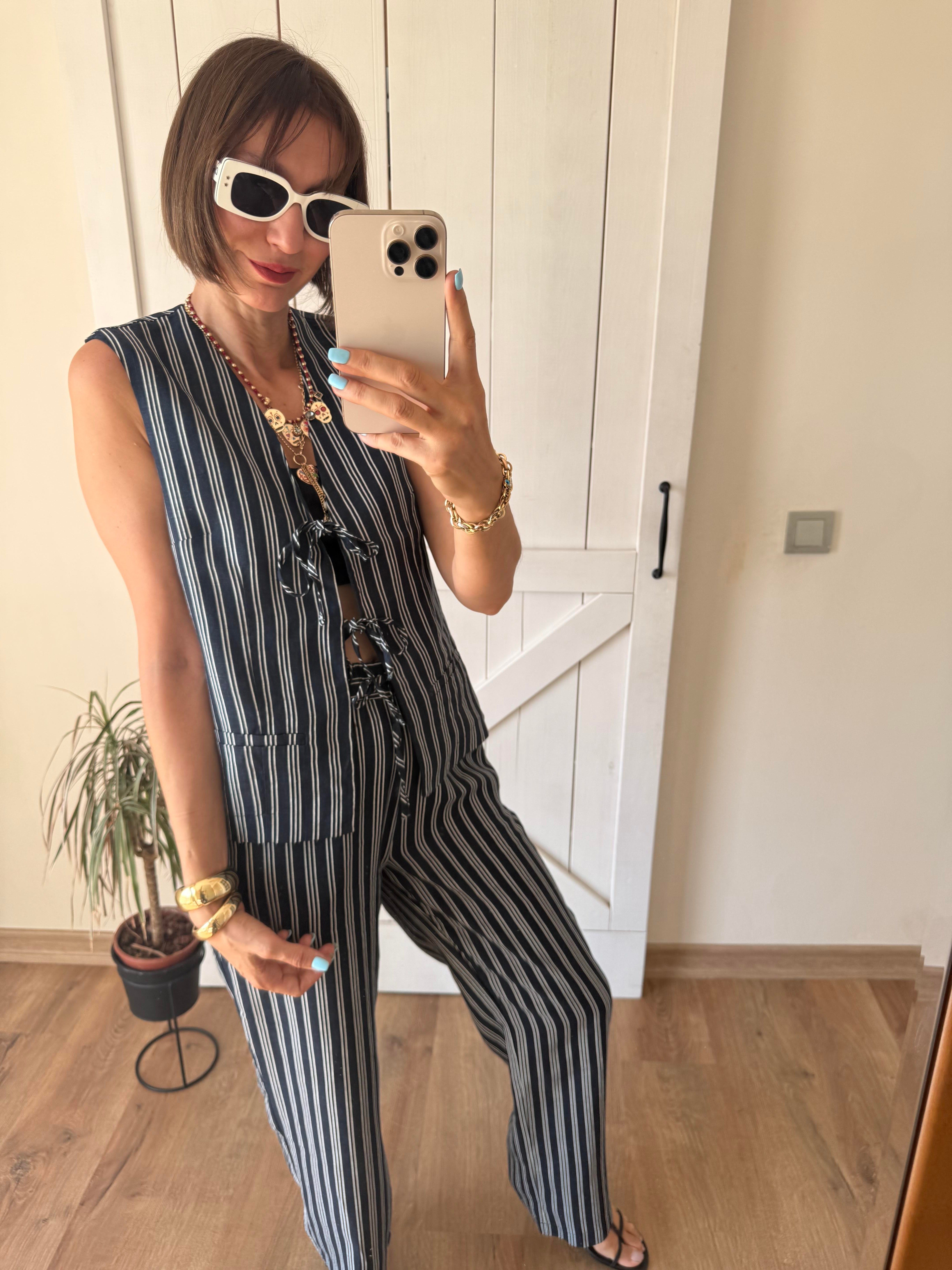 Premium Bağlamalı Kos Çizgili Yelek Pantolon Takım