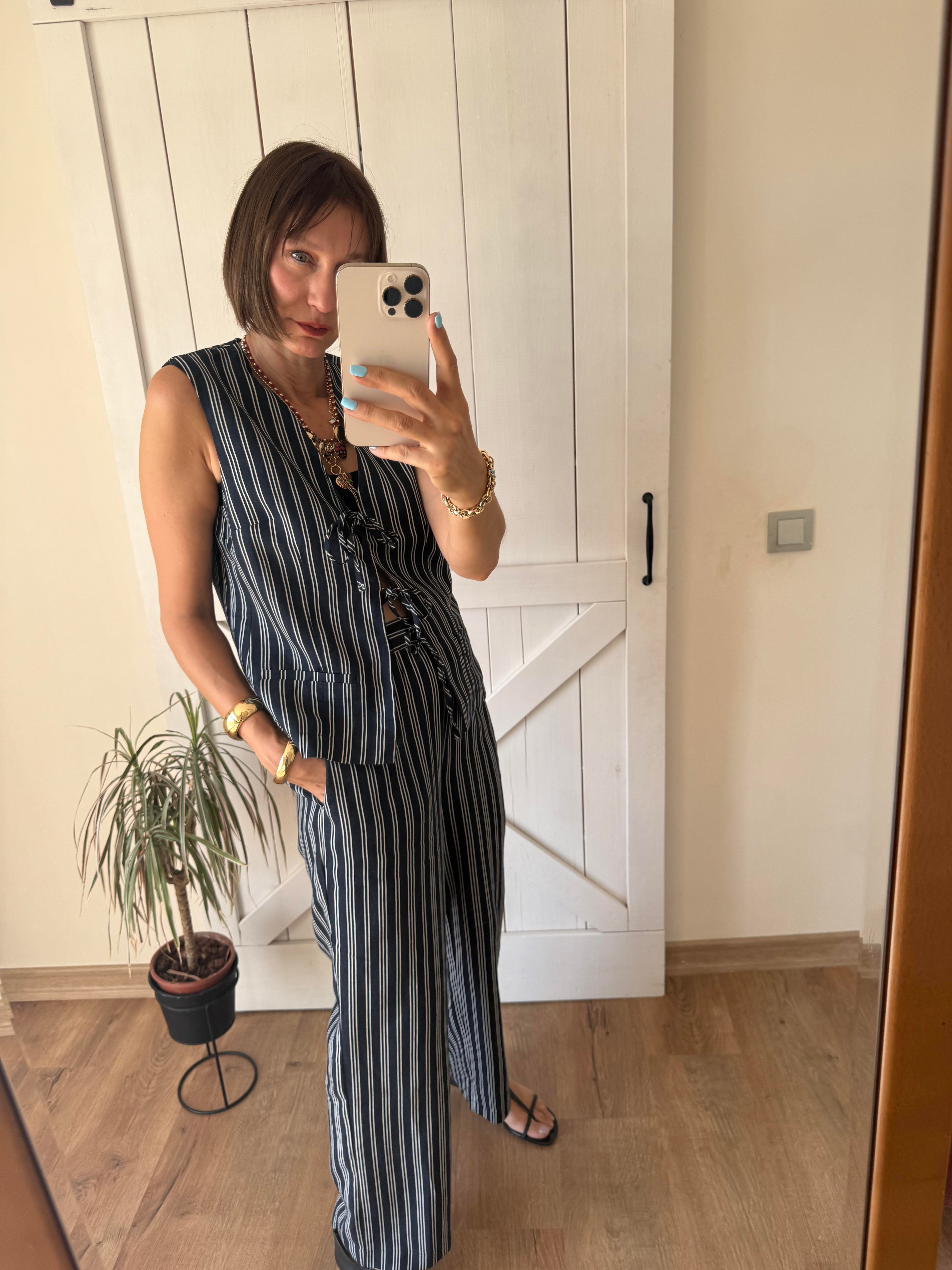 Premium Bağlamalı Kos Çizgili Yelek Pantolon Takım