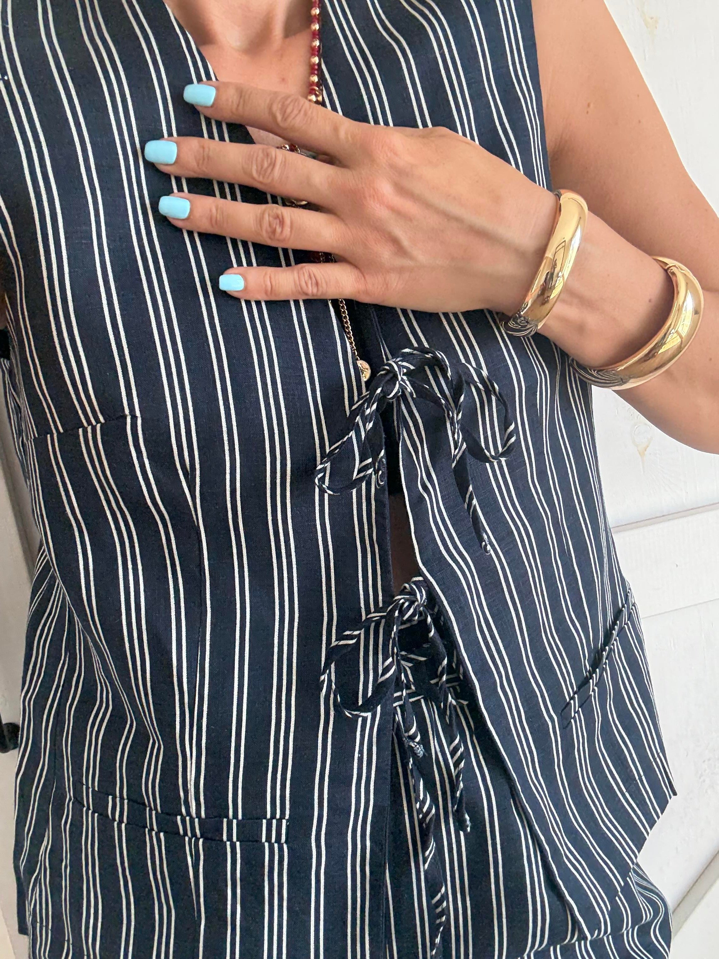 Premium Bağlamalı Kos Çizgili Yelek Pantolon Takım