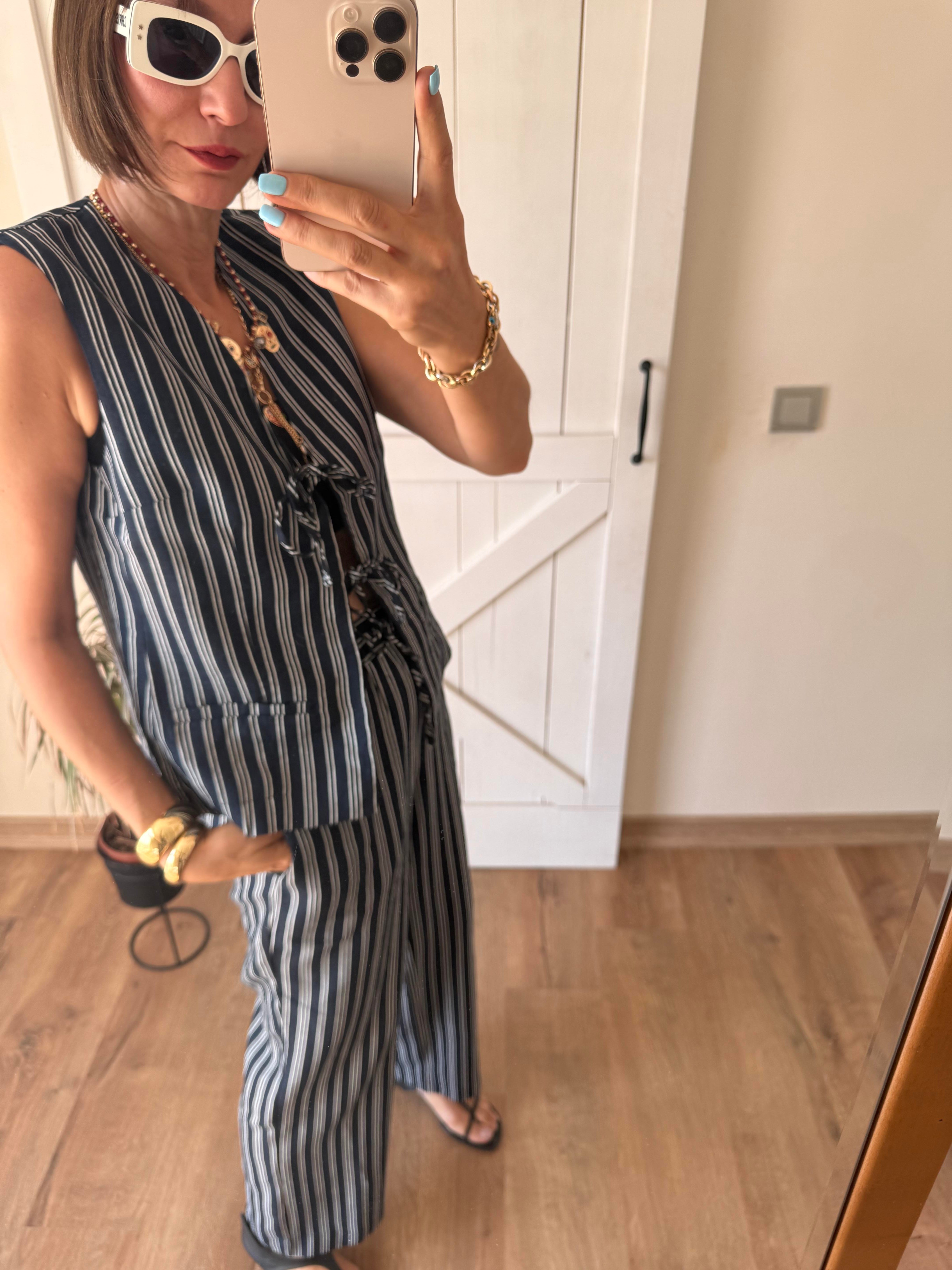 Premium Bağlamalı Kos Çizgili Yelek Pantolon Takım