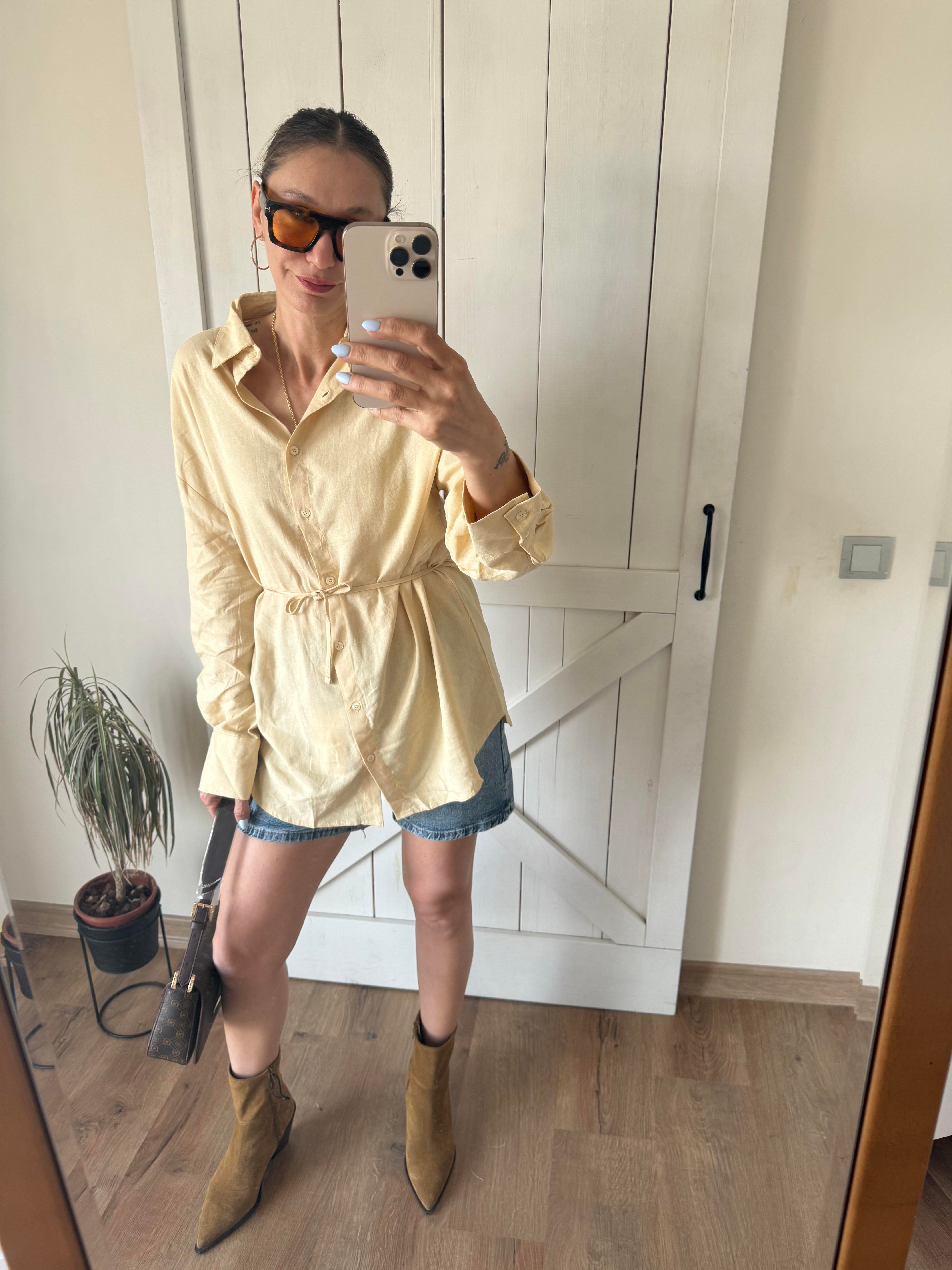 Premium Belden Büzgülü Keten Gömlek