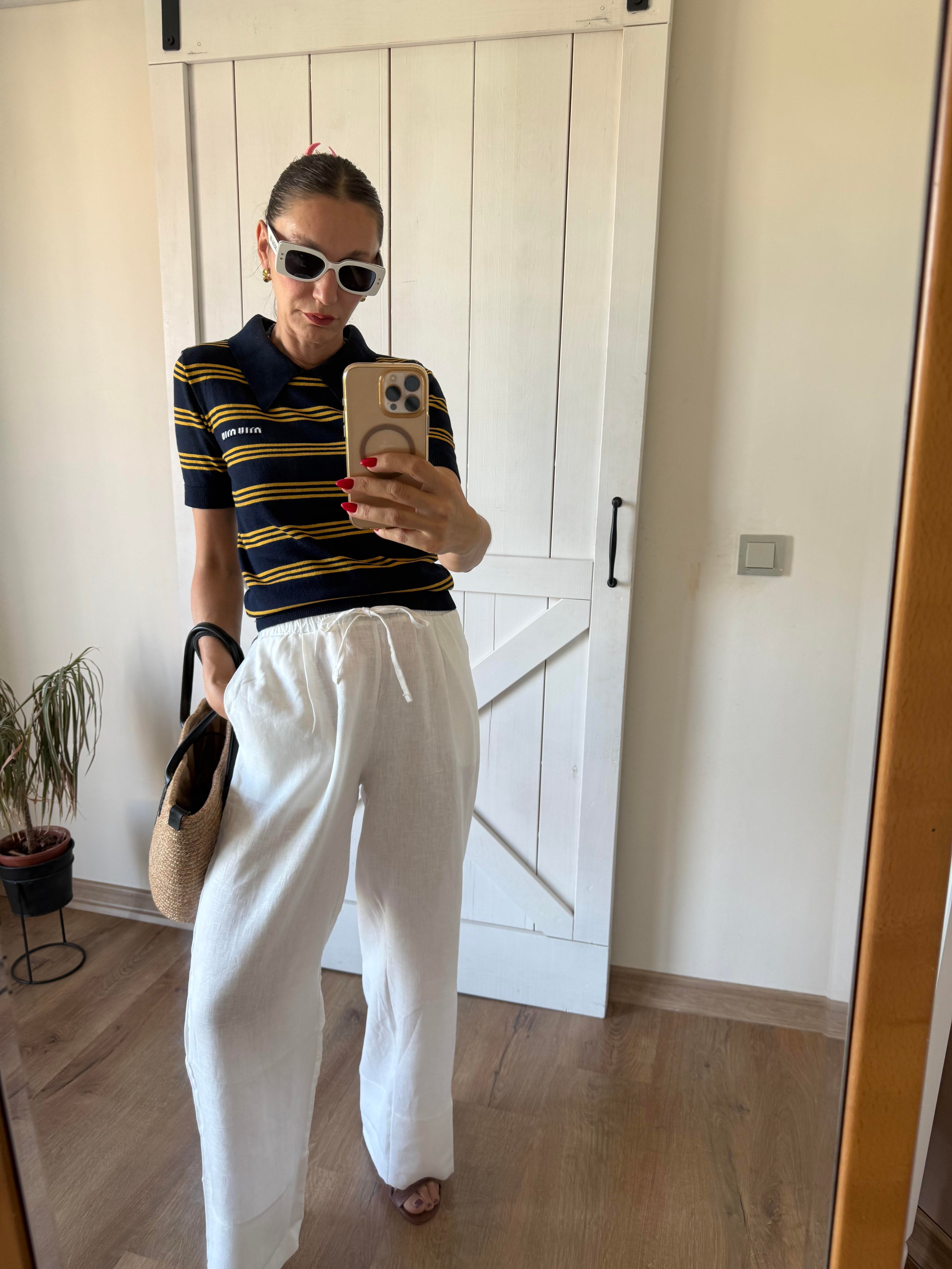 Premium Beyaz Keten Double Paça Pantolon