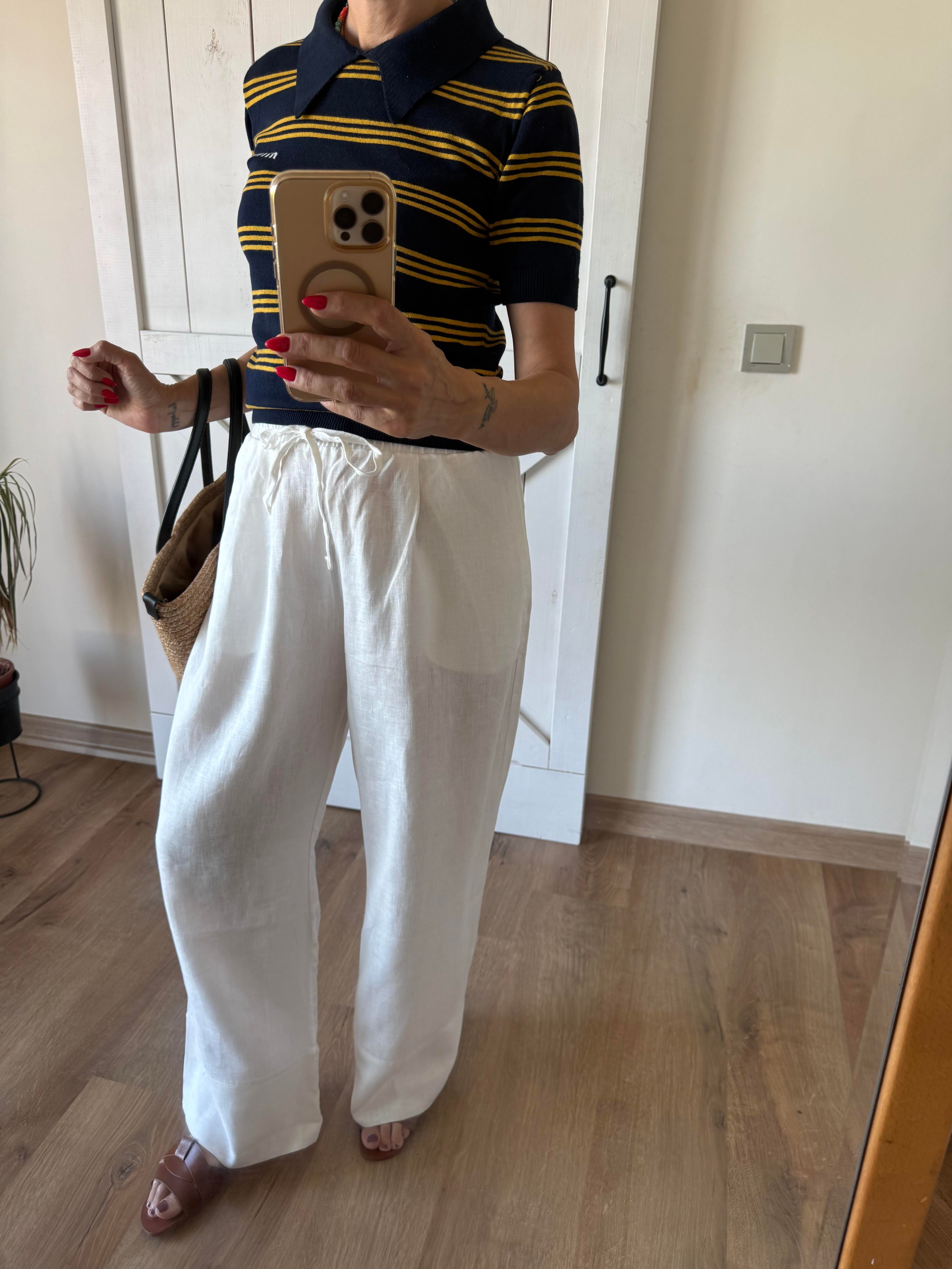 Premium Beyaz Keten Double Paça Pantolon