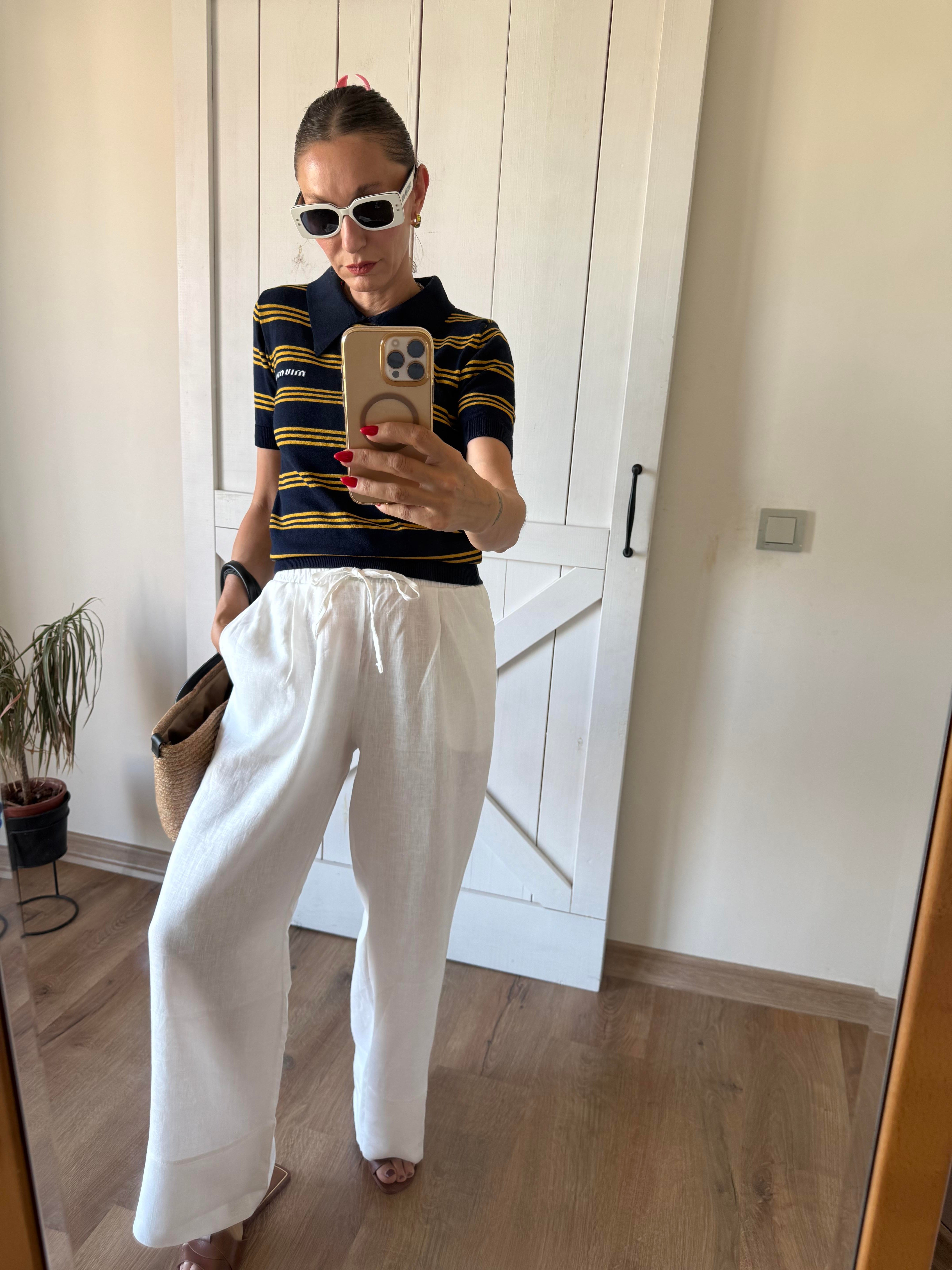 Premium Beyaz Keten Double Paça Pantolon