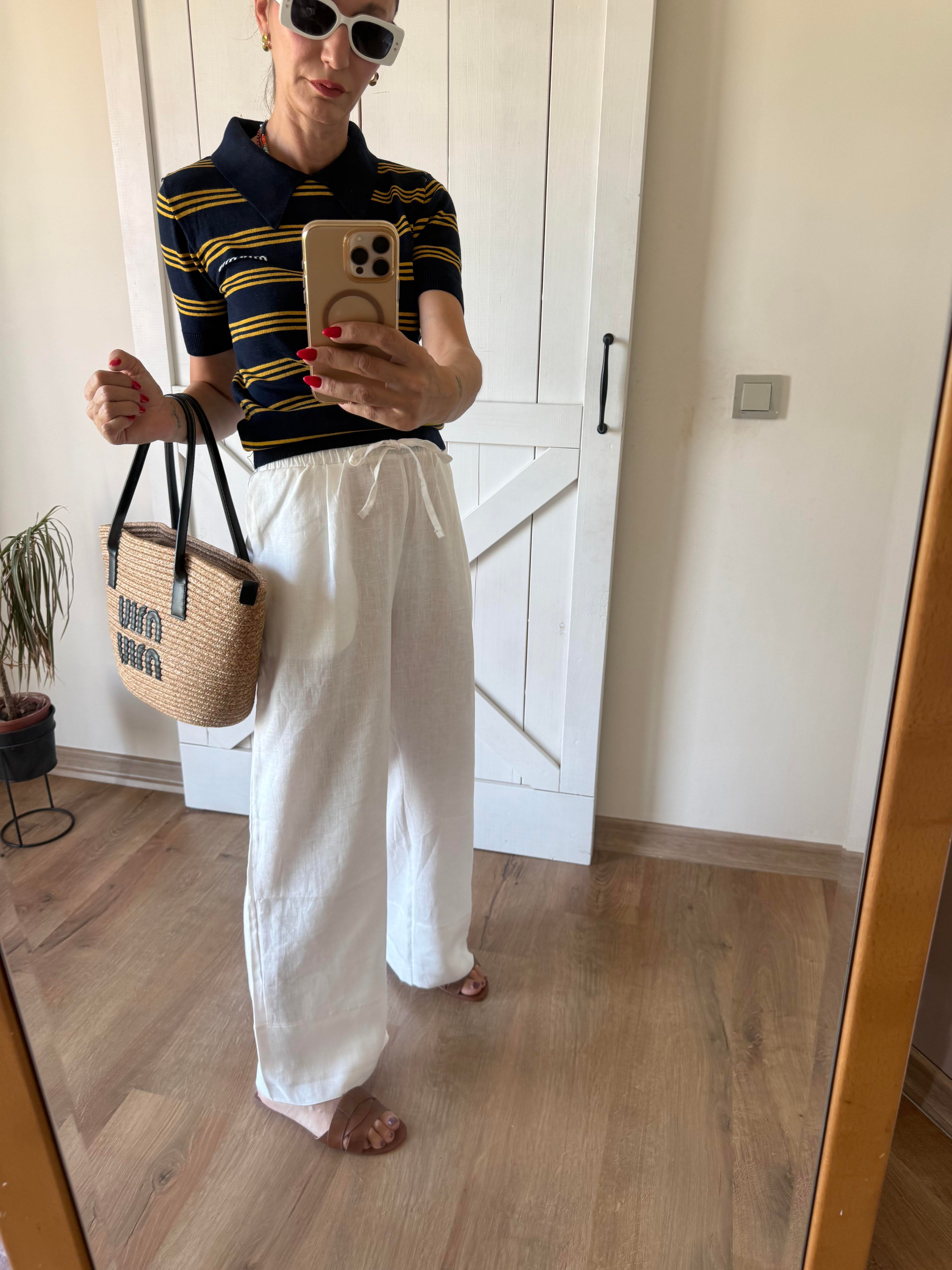 Premium Beyaz Keten Double Paça Pantolon