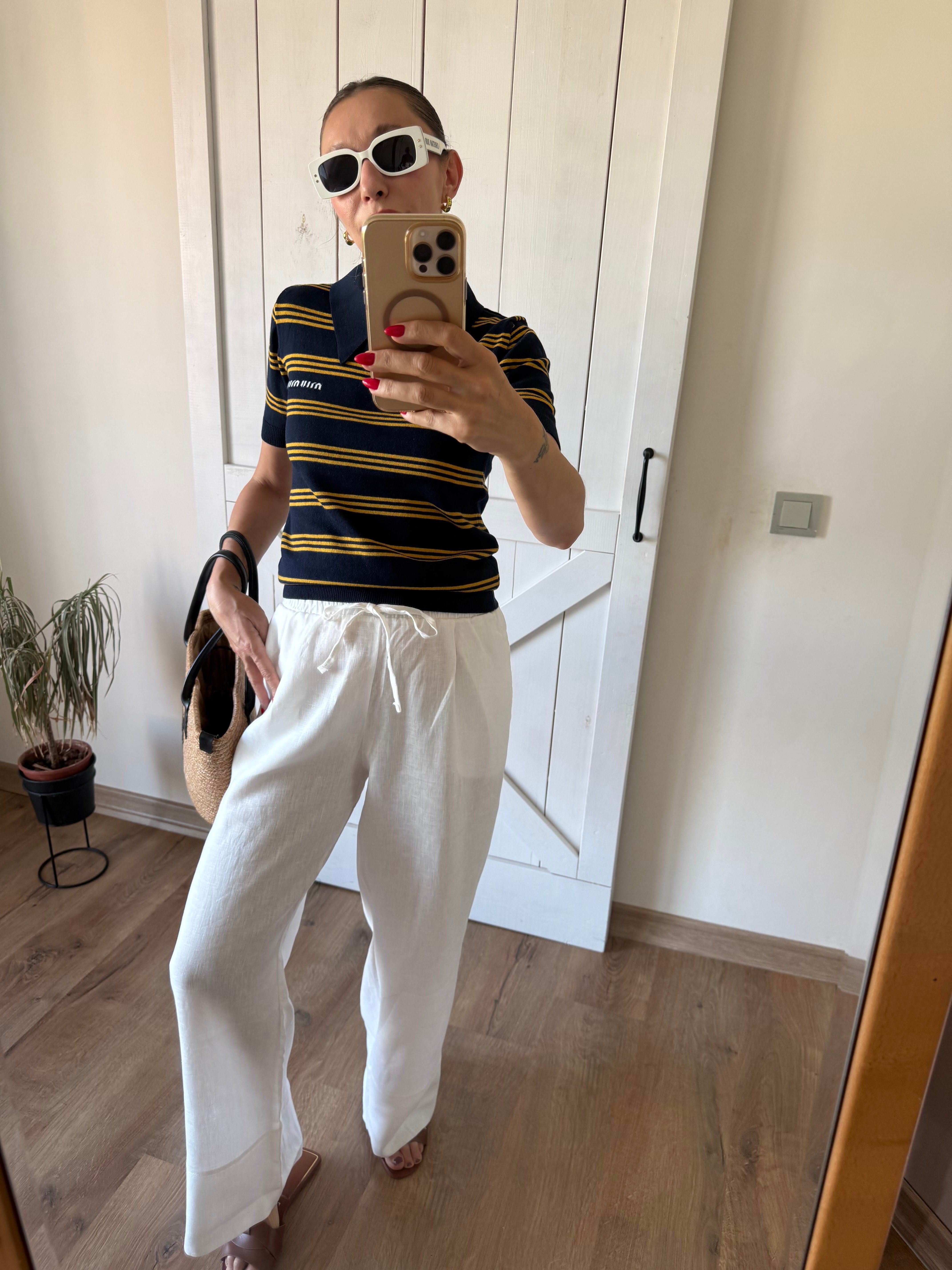 Premium Beyaz Keten Double Paça Pantolon