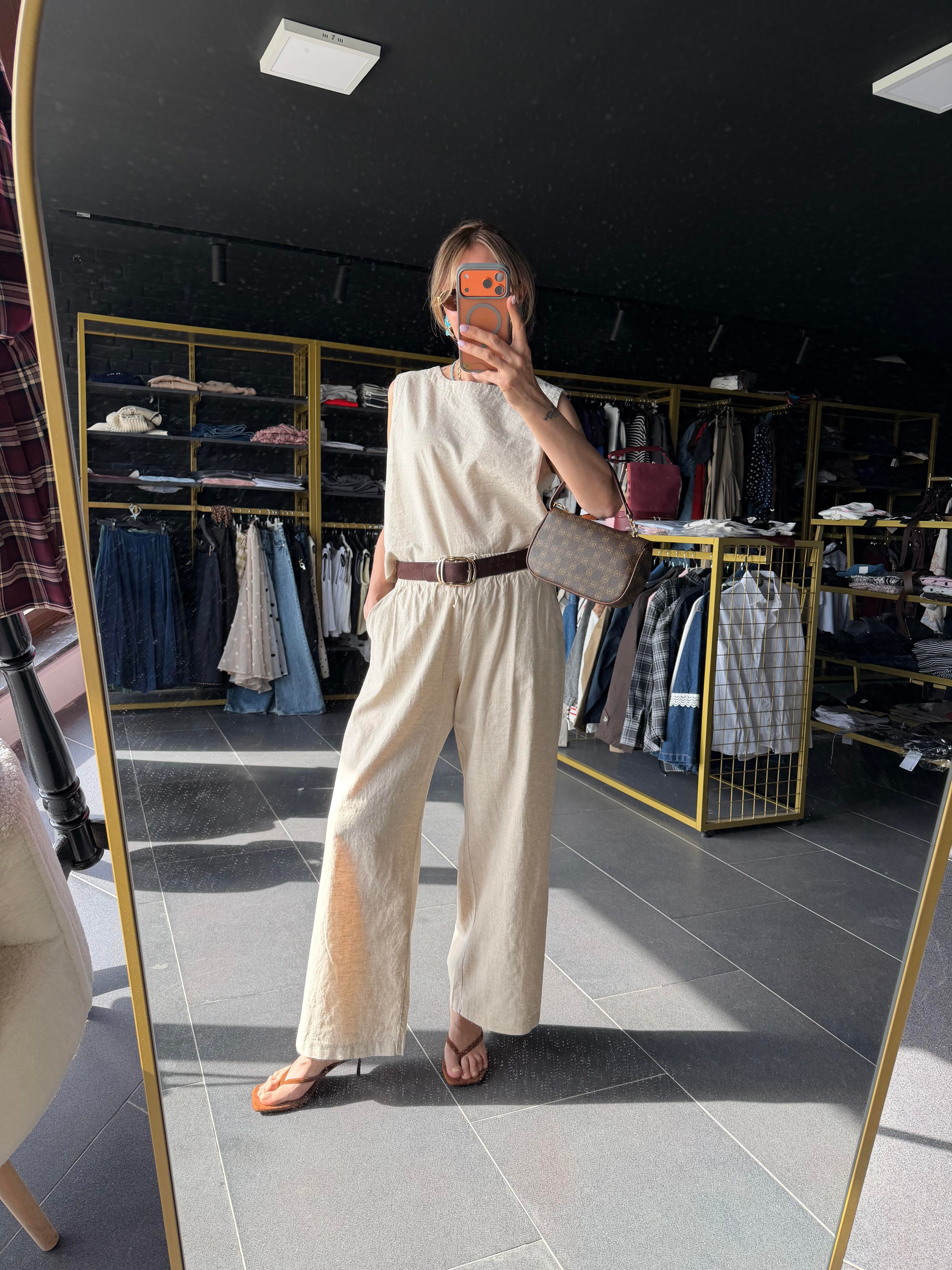 Premium Keten Ekru Bluz Pantolon Takım