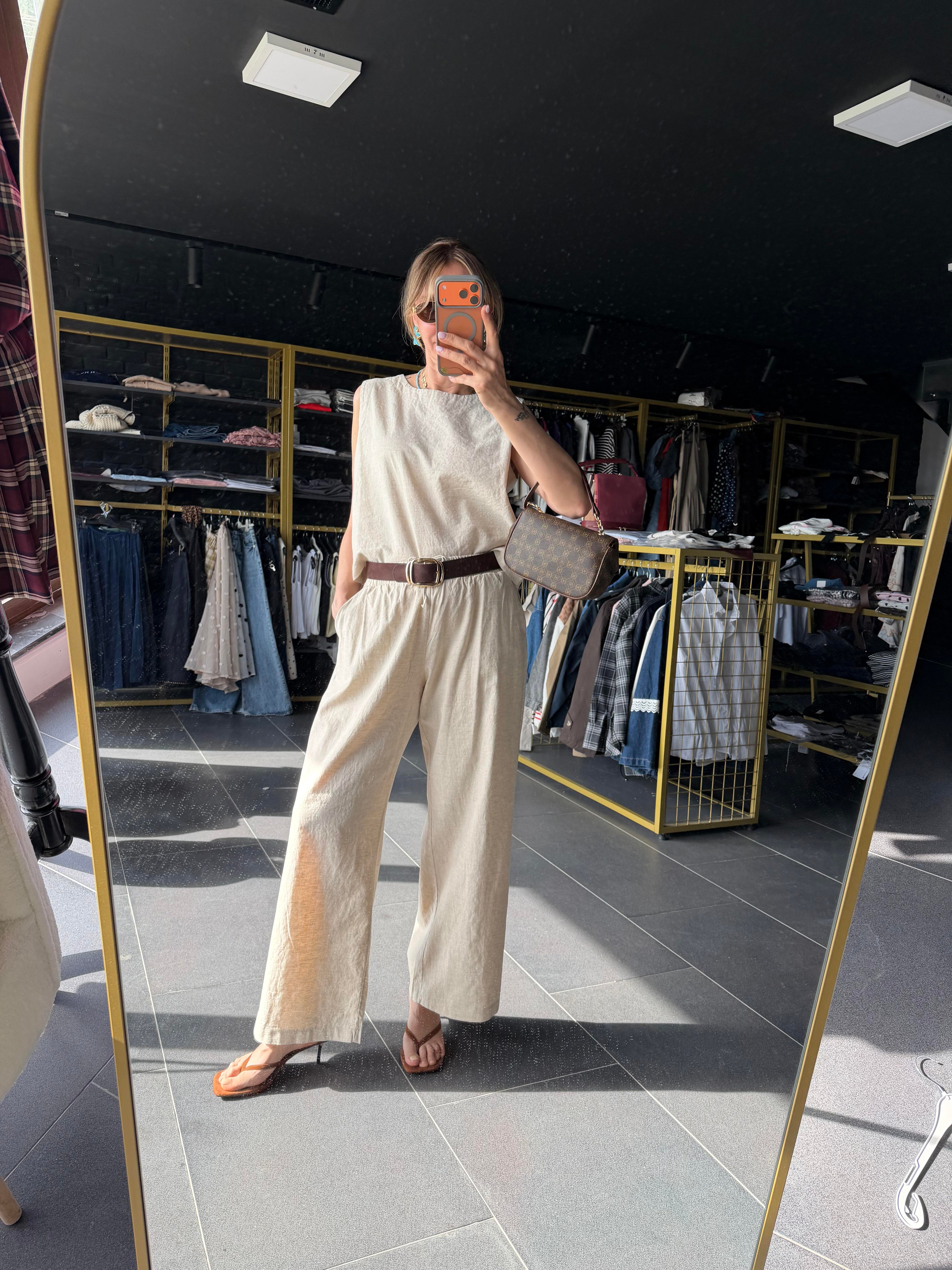 Premium Keten Ekru Bluz Pantolon Takım