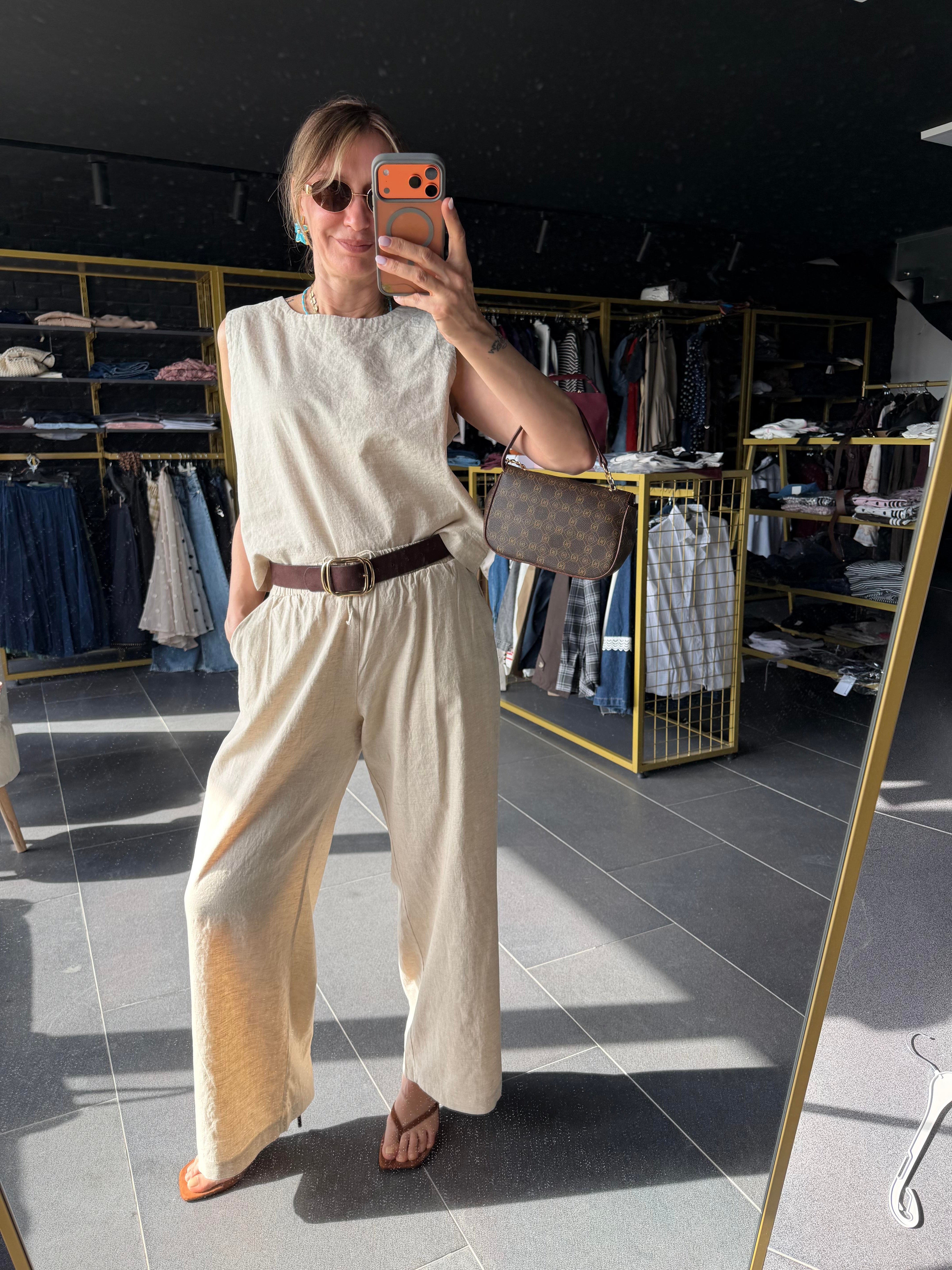 Premium Keten Ekru Bluz Pantolon Takım