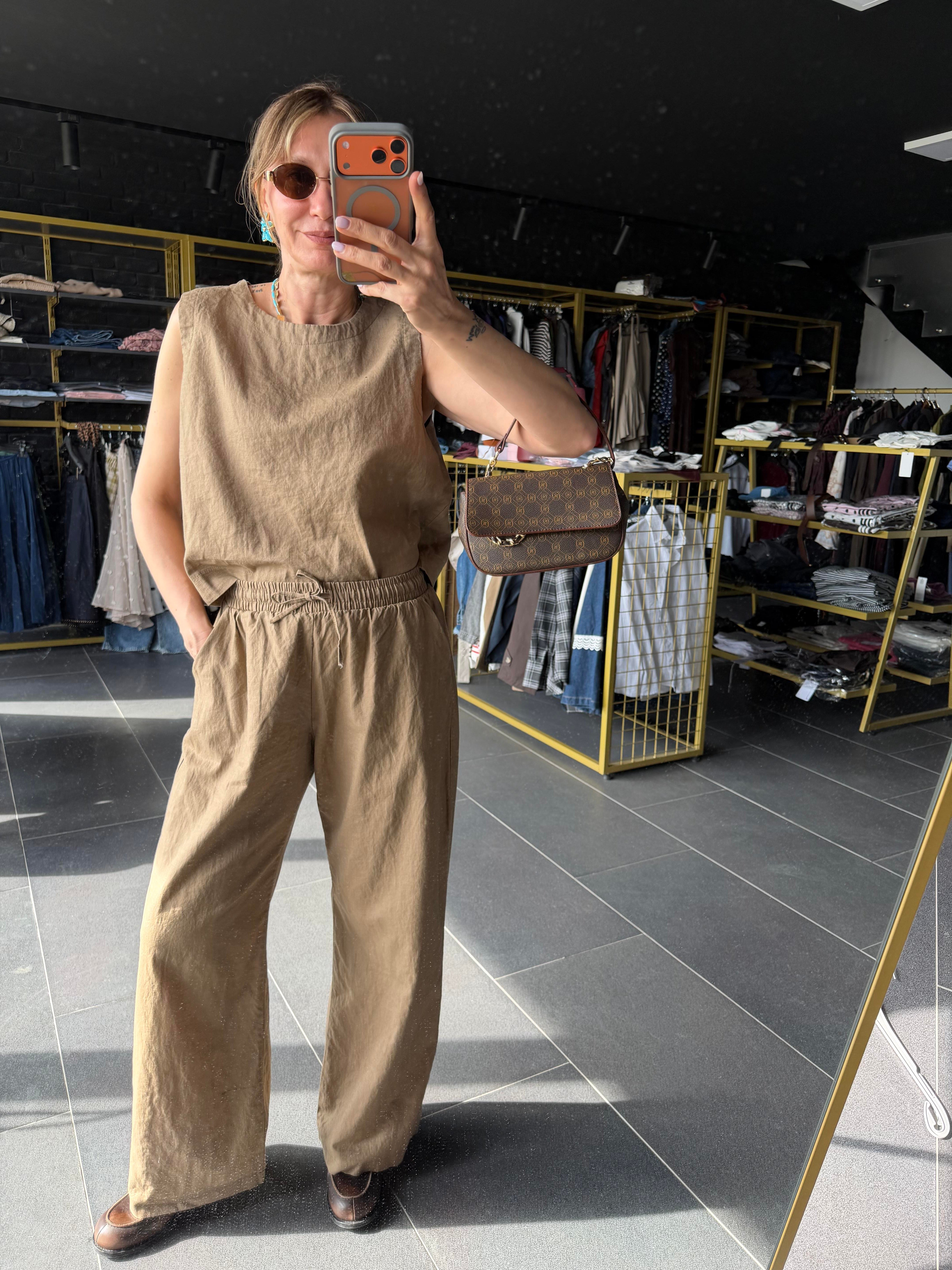 Premium Keten Kahve Krem Bluz Pantolon Takım