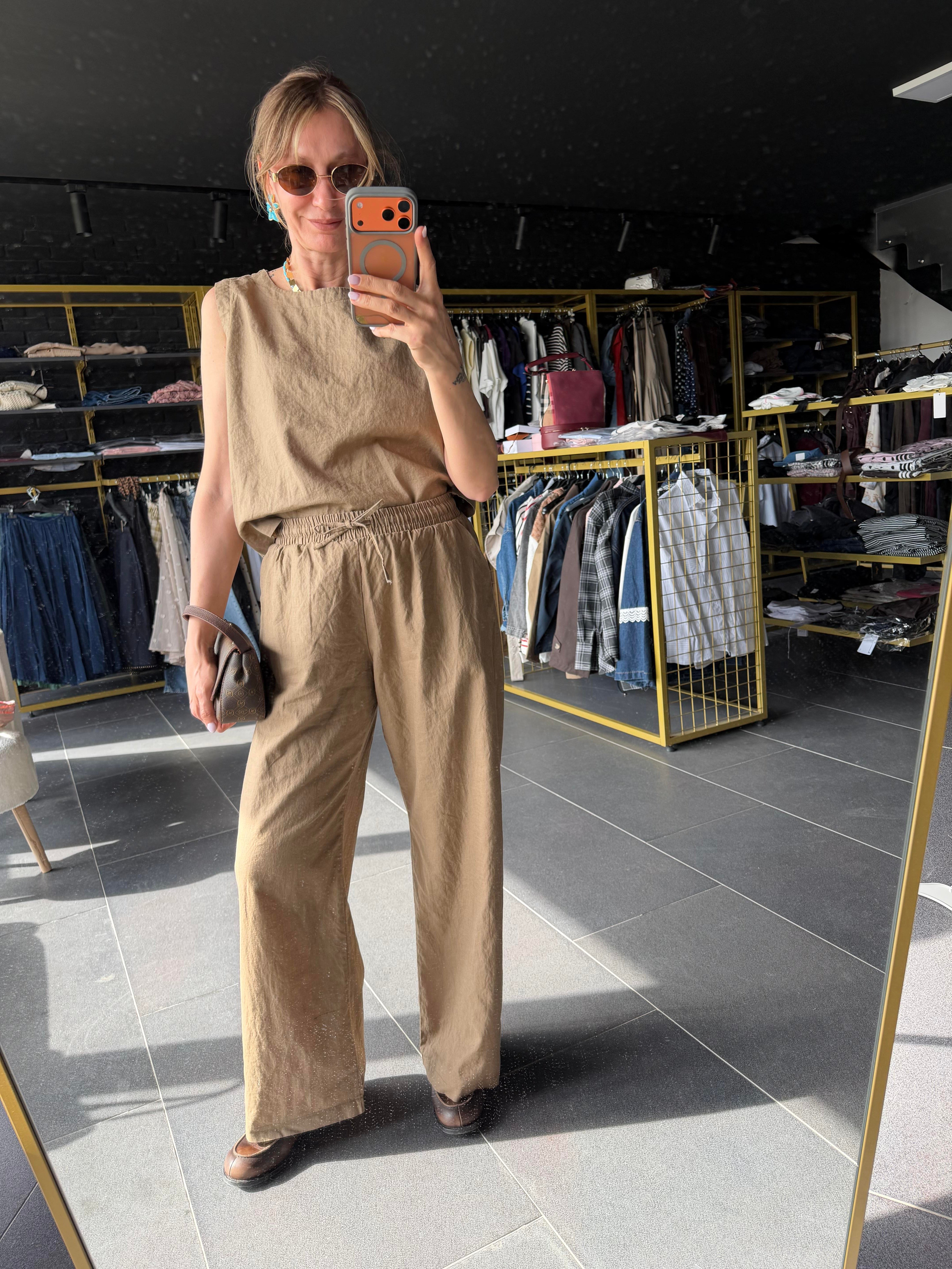 Premium Keten Kahve Krem Bluz Pantolon Takım