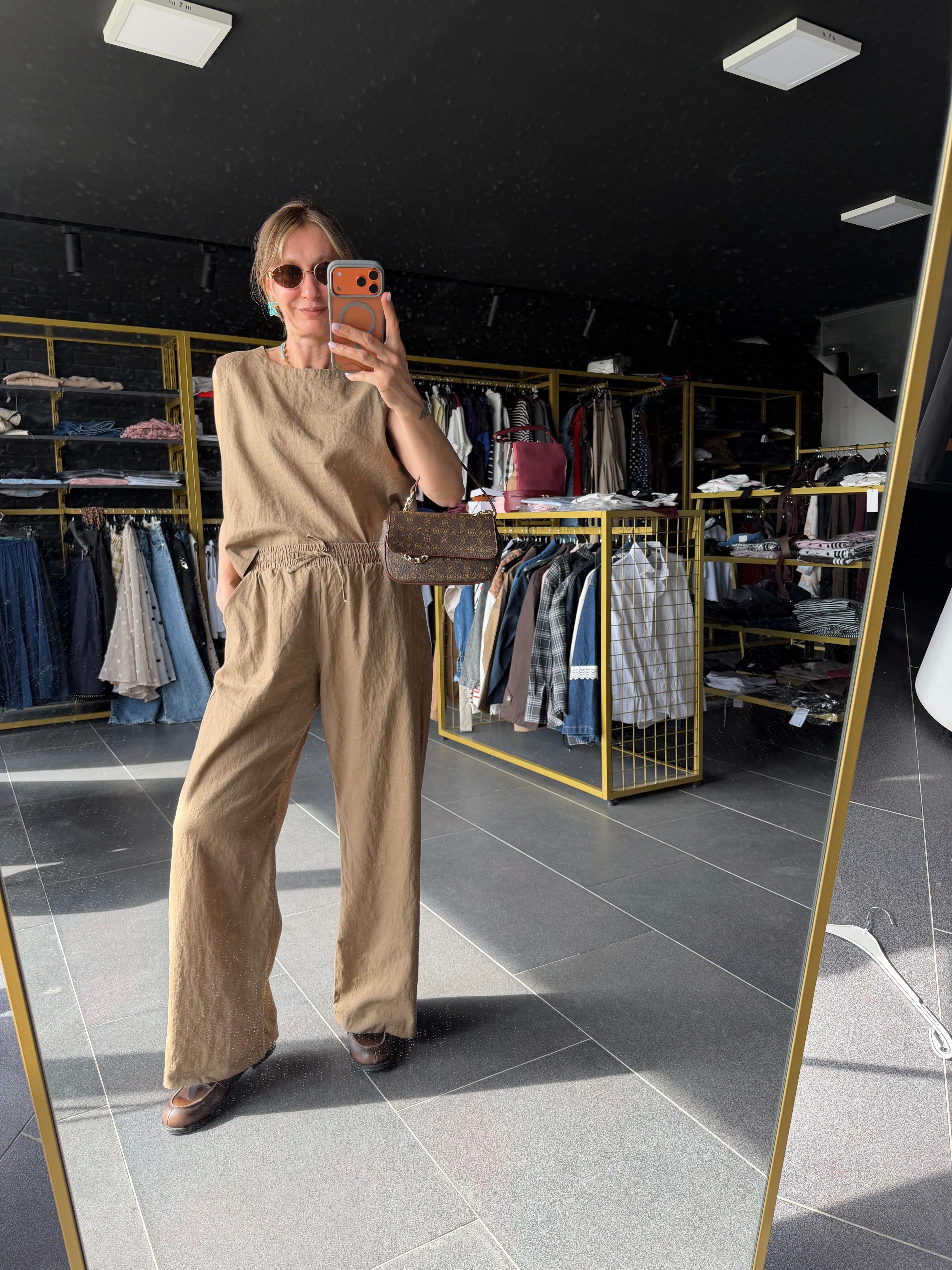 Premium Keten Kahve Krem Bluz Pantolon Takım