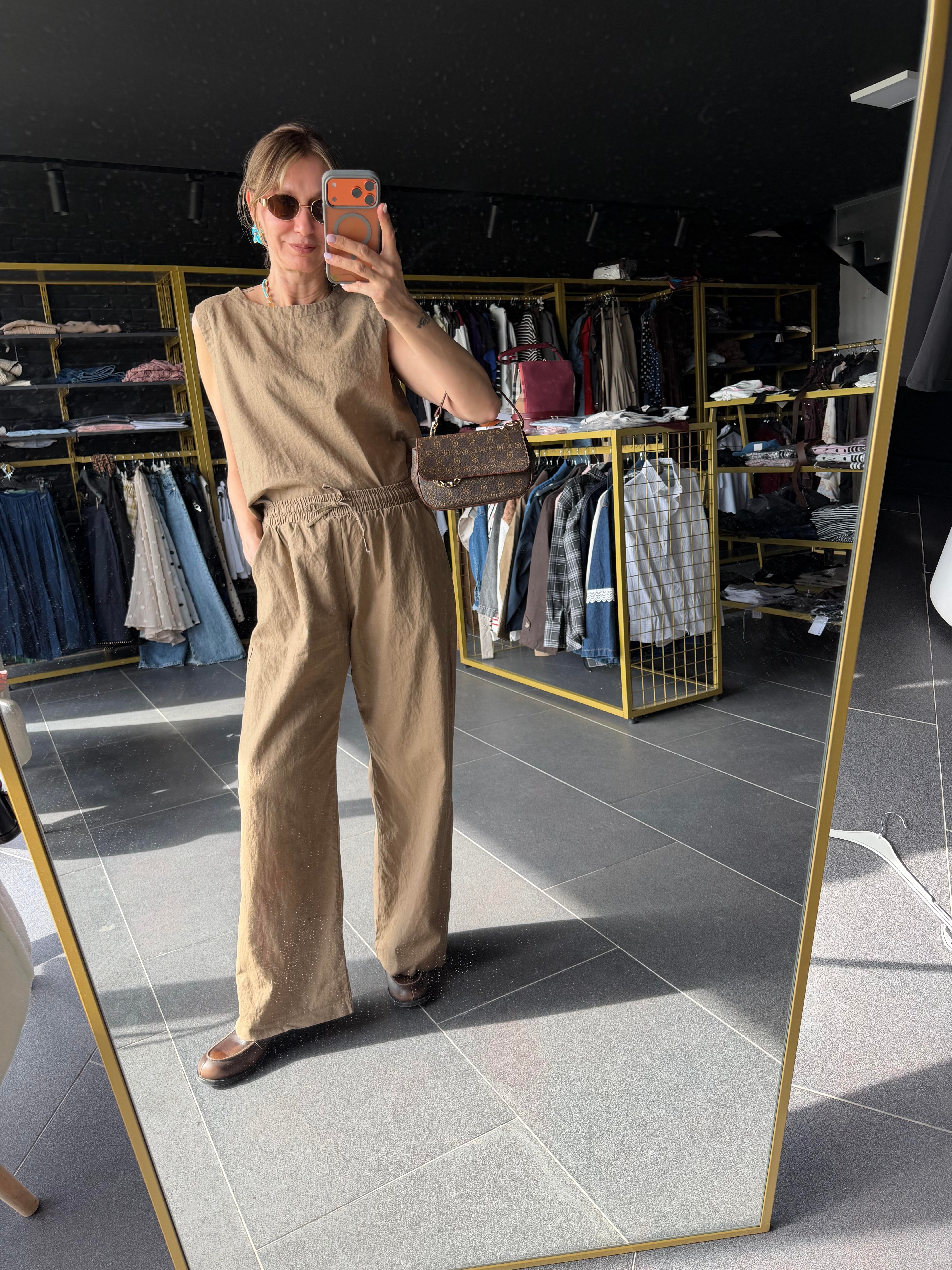 Premium Keten Kahve Krem Bluz Pantolon Takım