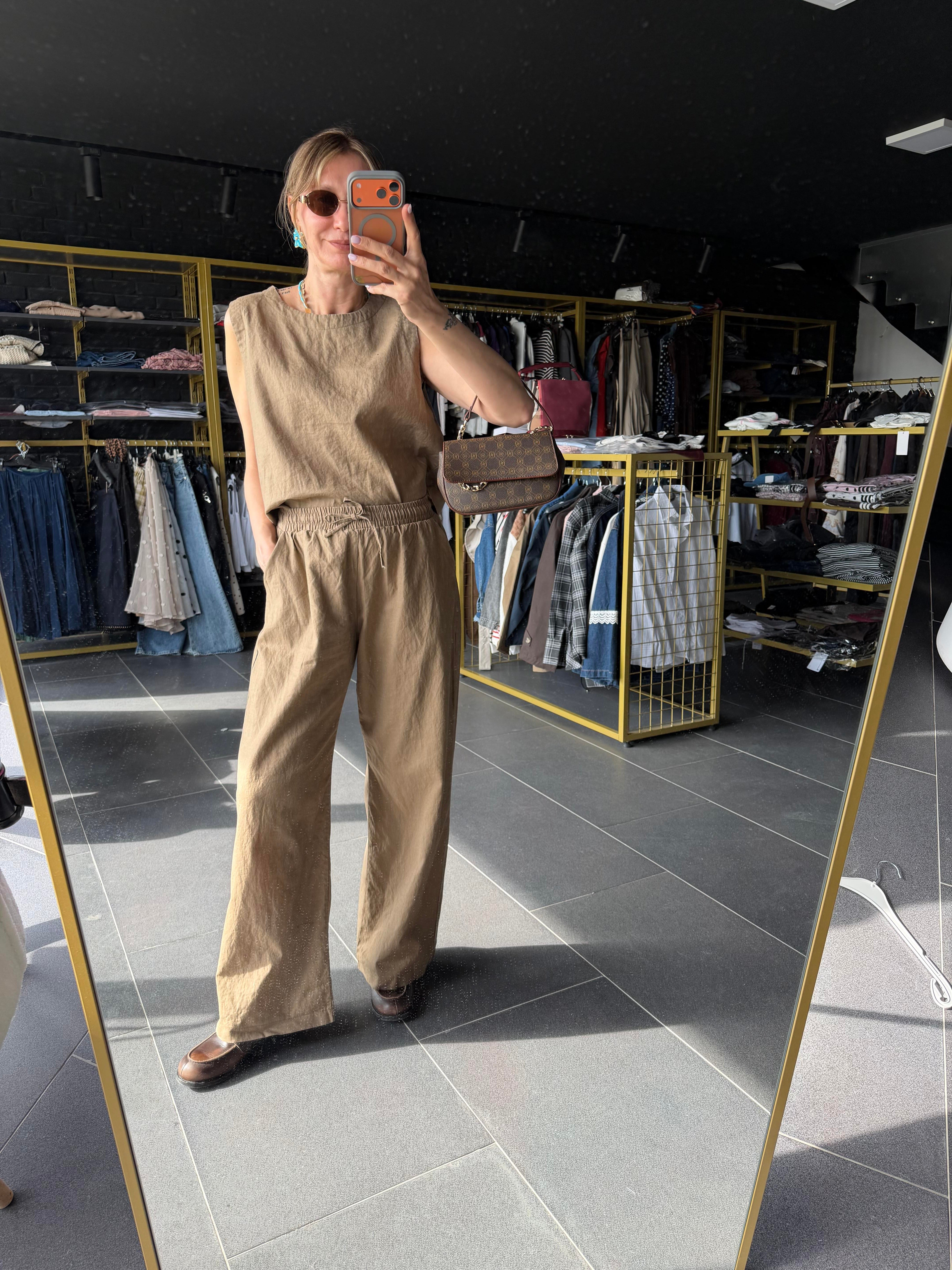Premium Keten Kahve Krem Bluz Pantolon Takım