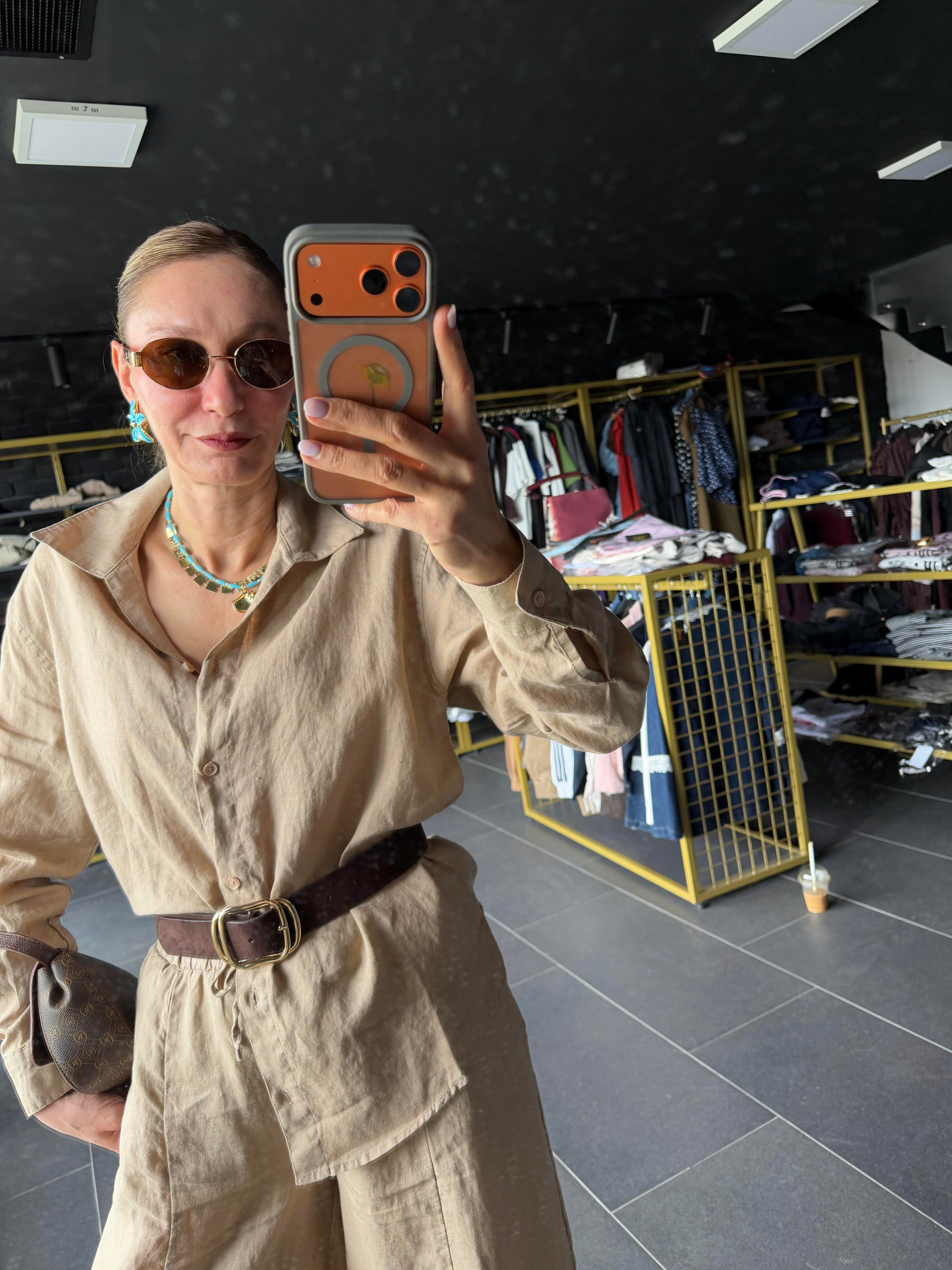 Premium Keten Kahve Krem Frankly Model Gömlek